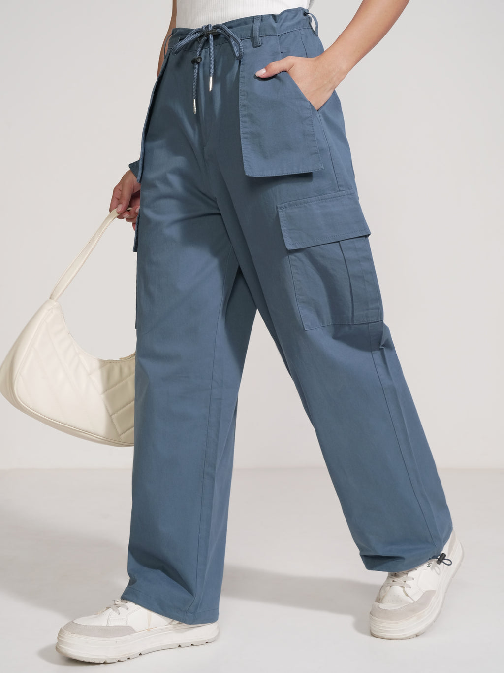 Tokyo Talkies Women Blue Solid Straight Fit Cargos - Blue - Image 4
