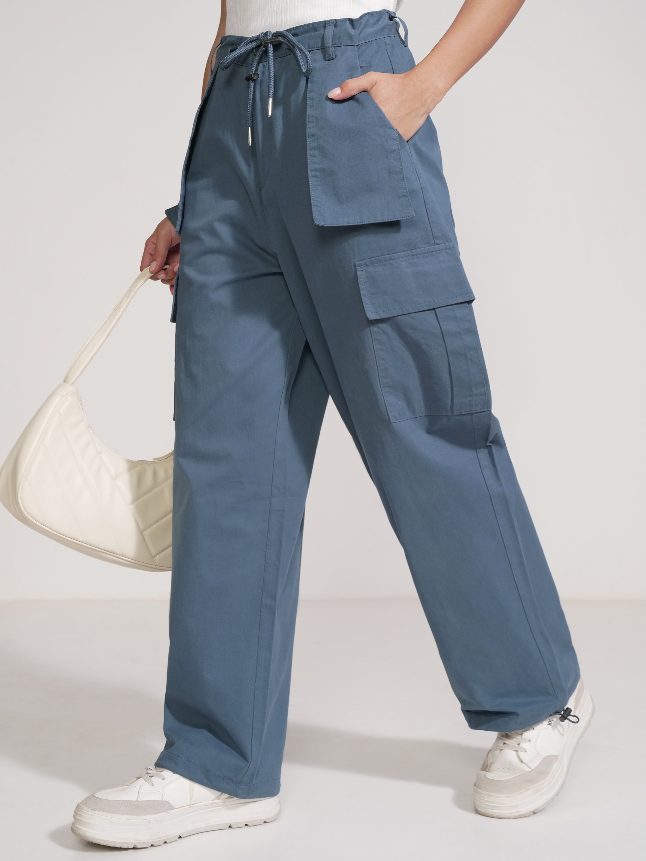 Tokyo Talkies Women Blue Solid Straight Fit Cargos - Blue - Image 4