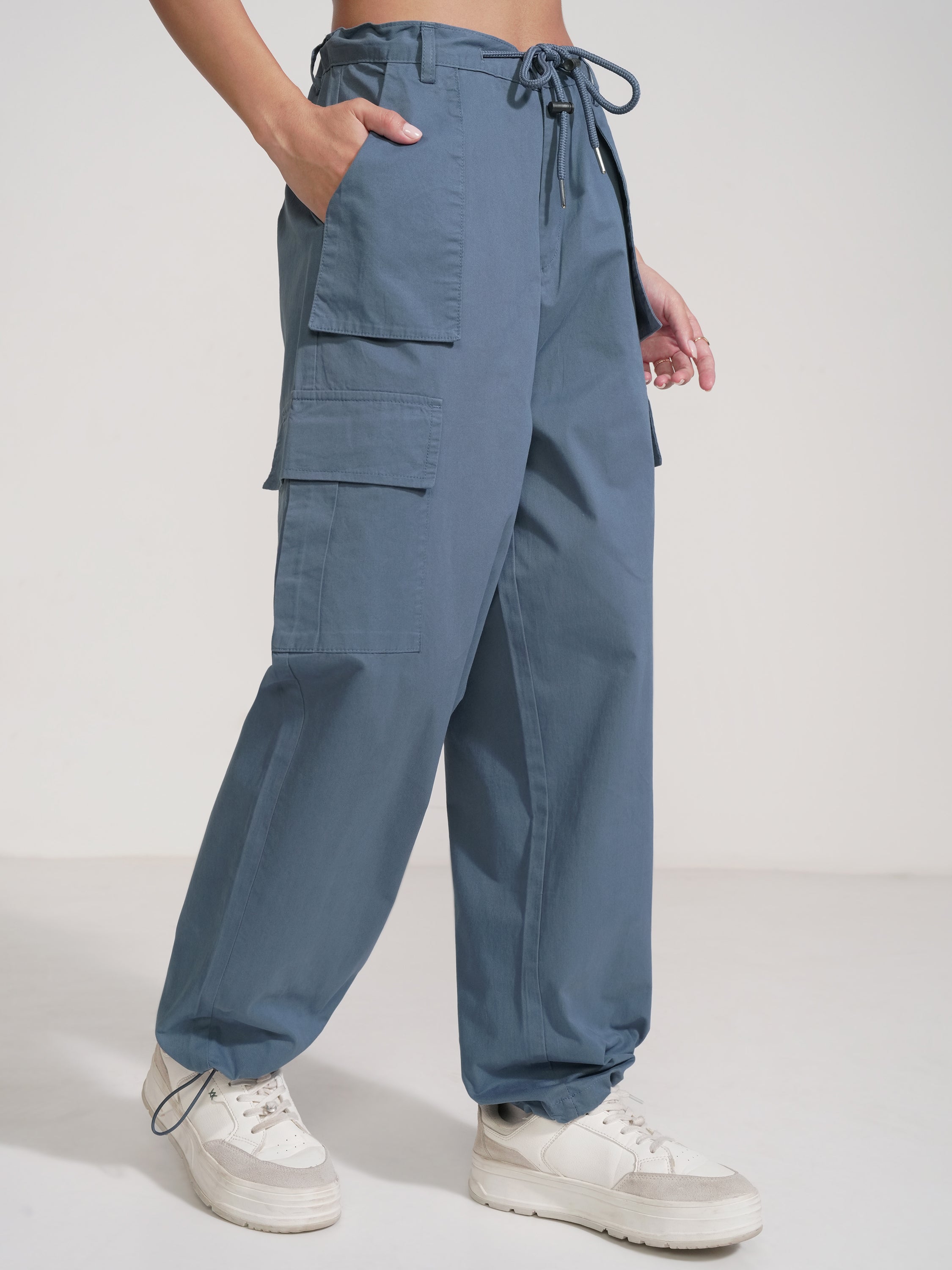 Tokyo Talkies Women Blue Solid Straight Fit Cargos - Blue - Image 6