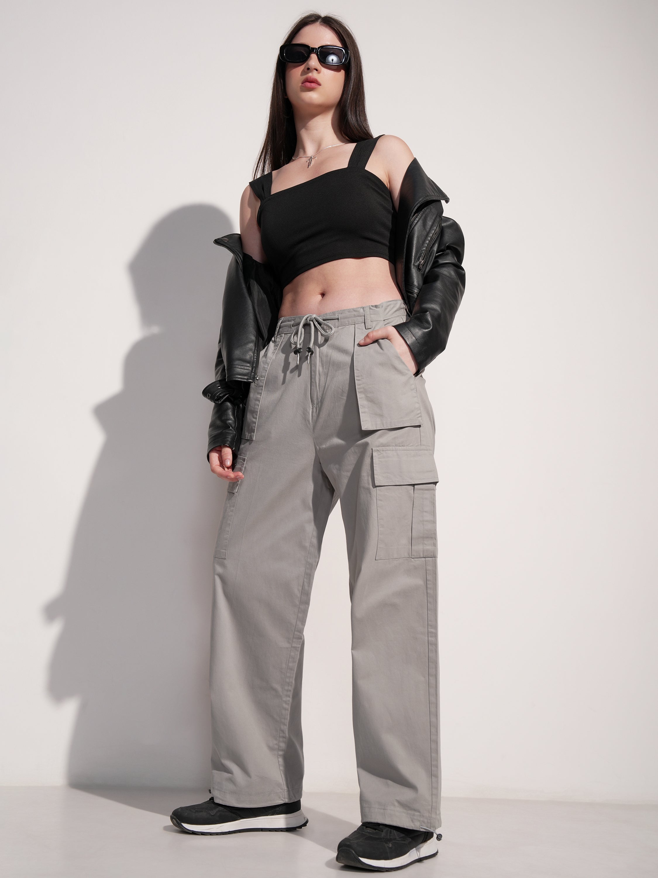 Tokyo Talkies Women Grey Solid Straight Fit Cargos - Grey - Image 2