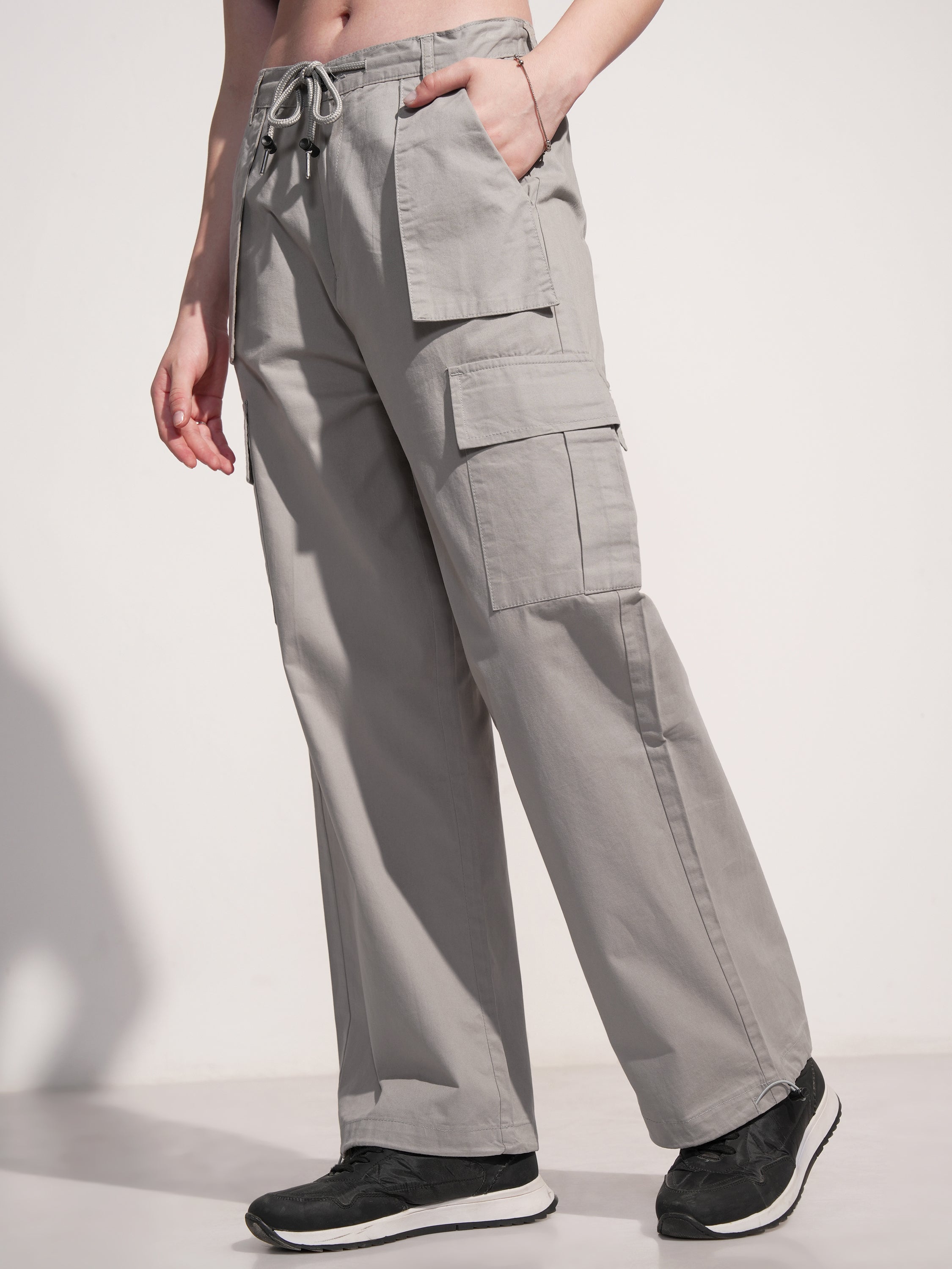 Tokyo Talkies Women Grey Solid Straight Fit Cargos - Grey - Image 4