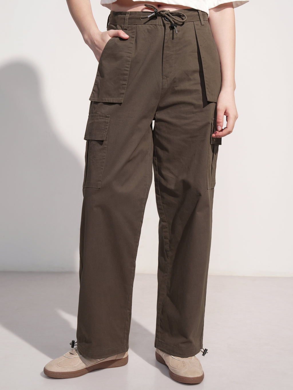 Tokyo Talkies Women Brown Solid Straight Fit Cargos - Brown - Image 1
