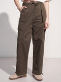 Tokyo Talkies Women Brown Solid Straight Fit Cargos - Brown - Image 1