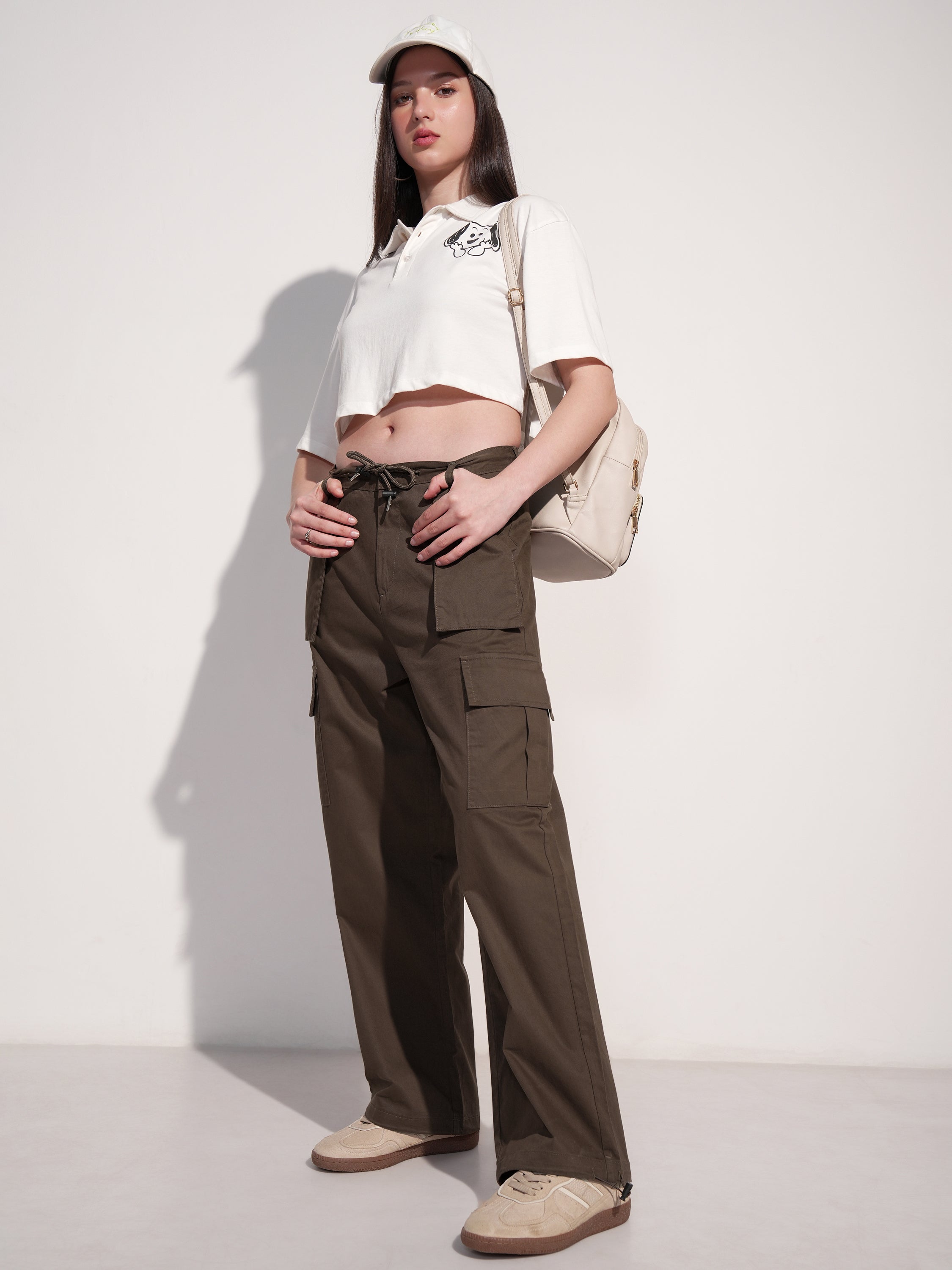 Tokyo Talkies Women Brown Solid Straight Fit Cargos - Brown - Image 2