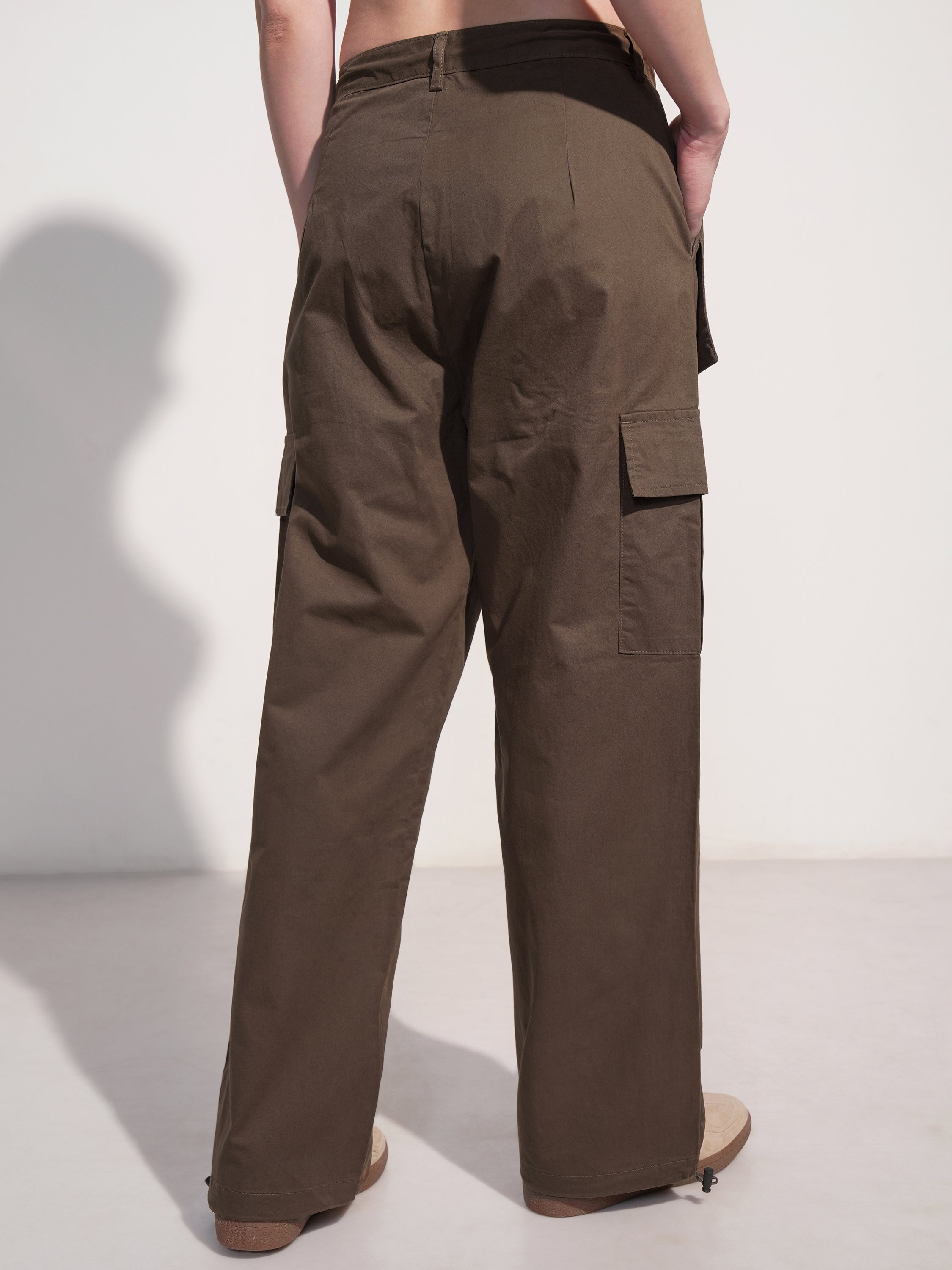 Tokyo Talkies Women Brown Solid Straight Fit Cargos - Brown - Image 3