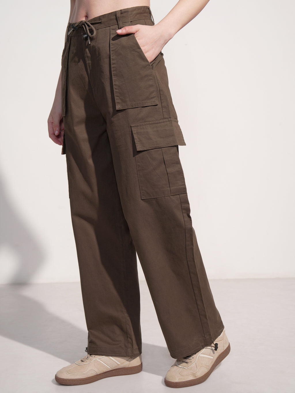 Tokyo Talkies Women Brown Solid Straight Fit Cargos - Brown - Image 4