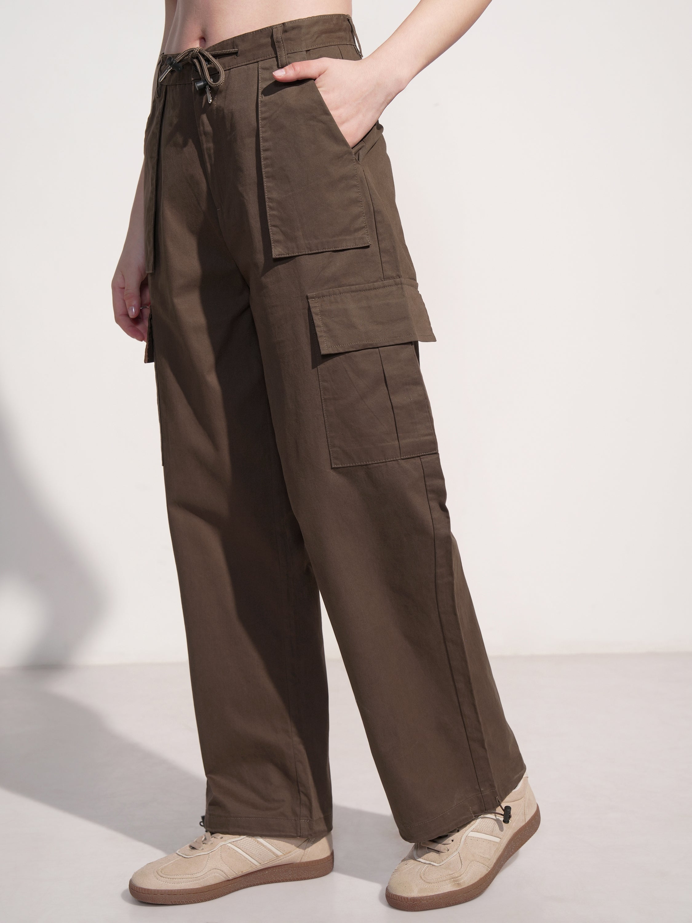 Tokyo Talkies Women Brown Solid Straight Fit Cargos - Brown - Image 4