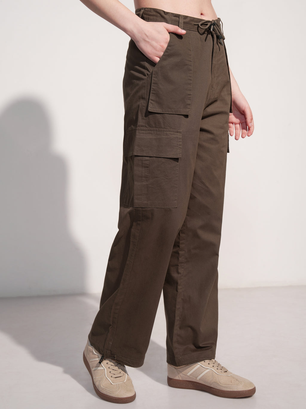 Tokyo Talkies Women Brown Solid Straight Fit Cargos - Brown - Image 6
