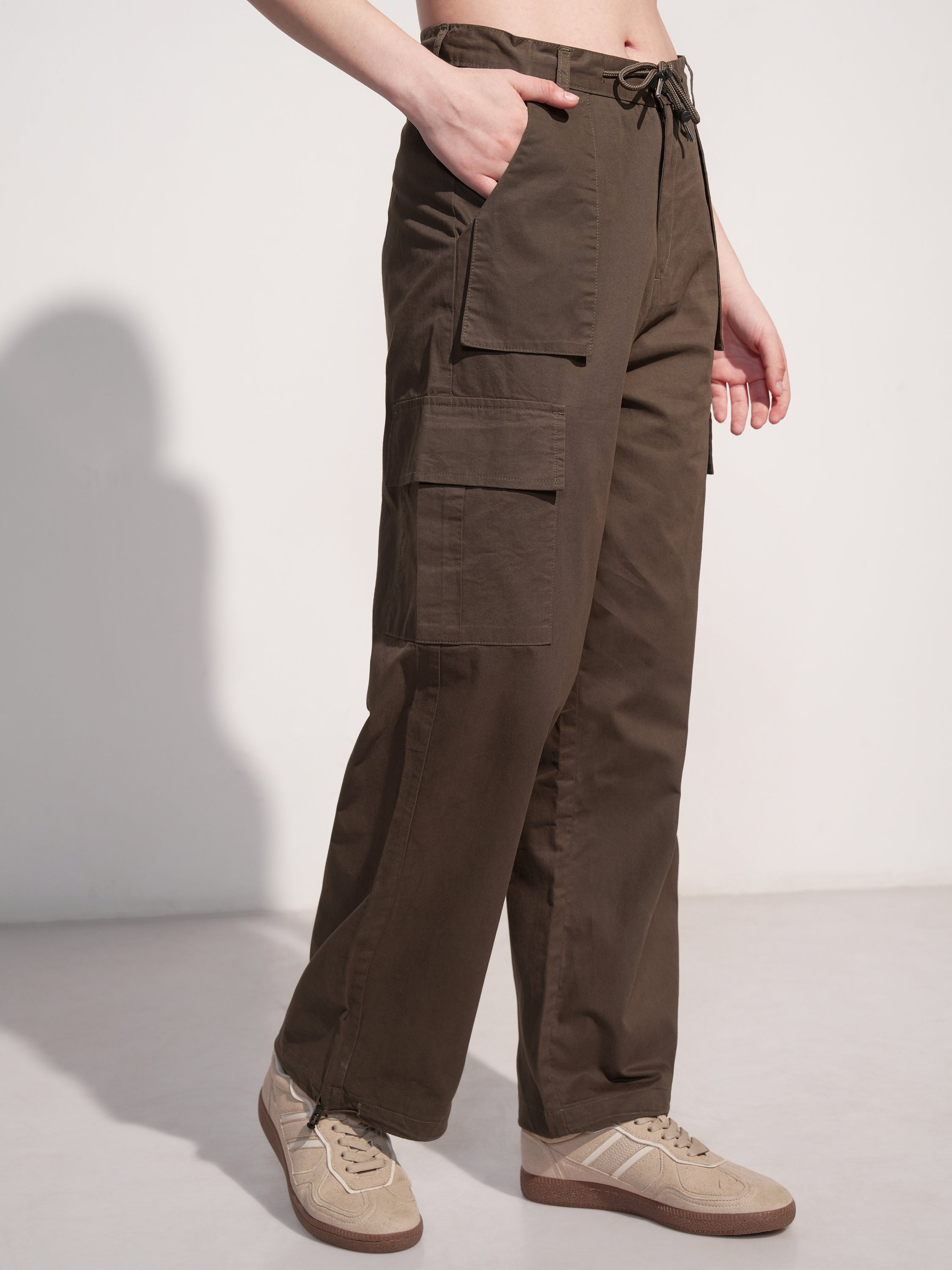 Tokyo Talkies Women Brown Solid Straight Fit Cargos - Brown - Image 6
