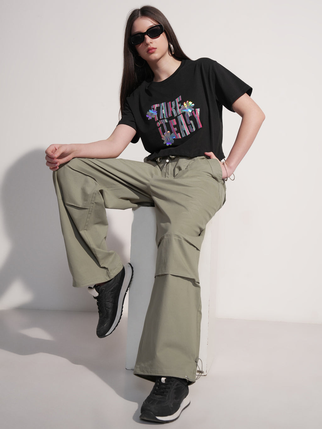 Tokyo Talkies Women Olive Solid Baggy Joggers - Olive - Image 2
