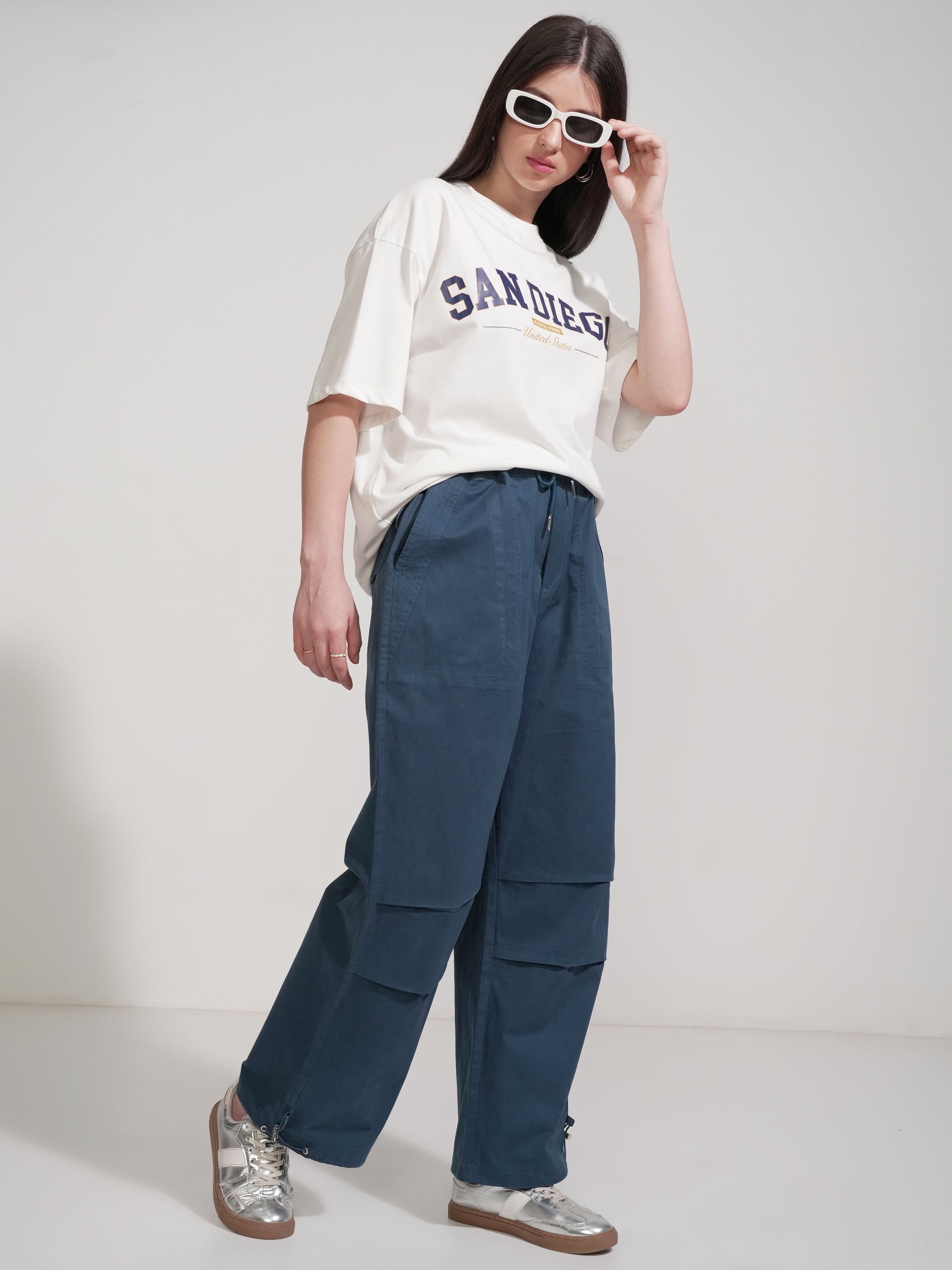 Tokyo Talkies Women Navy Blue Solid Baggy Cargos - Navy Blue - Image 2