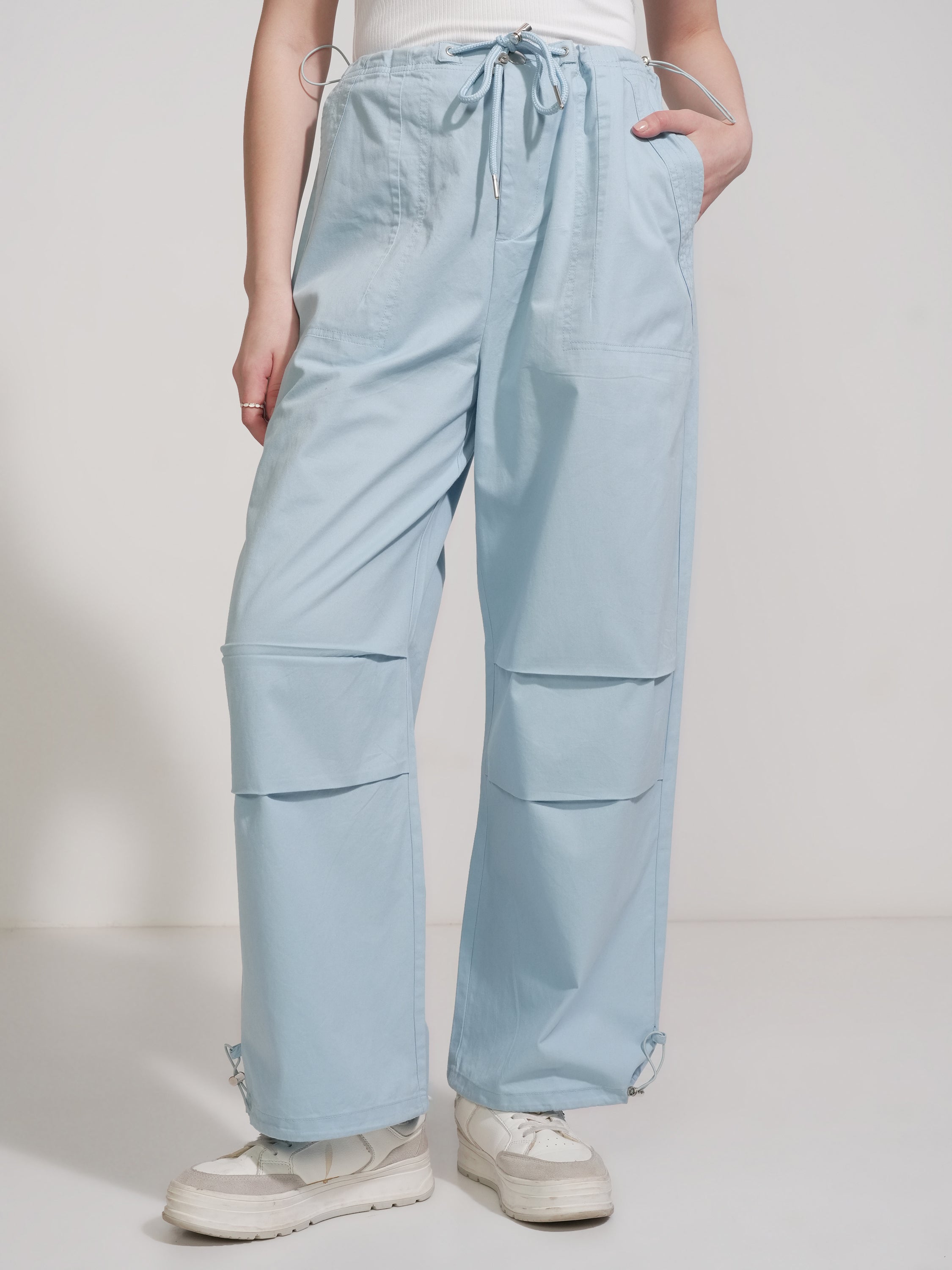 Tokyo Talkies Women Blue Solid Baggy Casual Trouser - Blue - Image 1