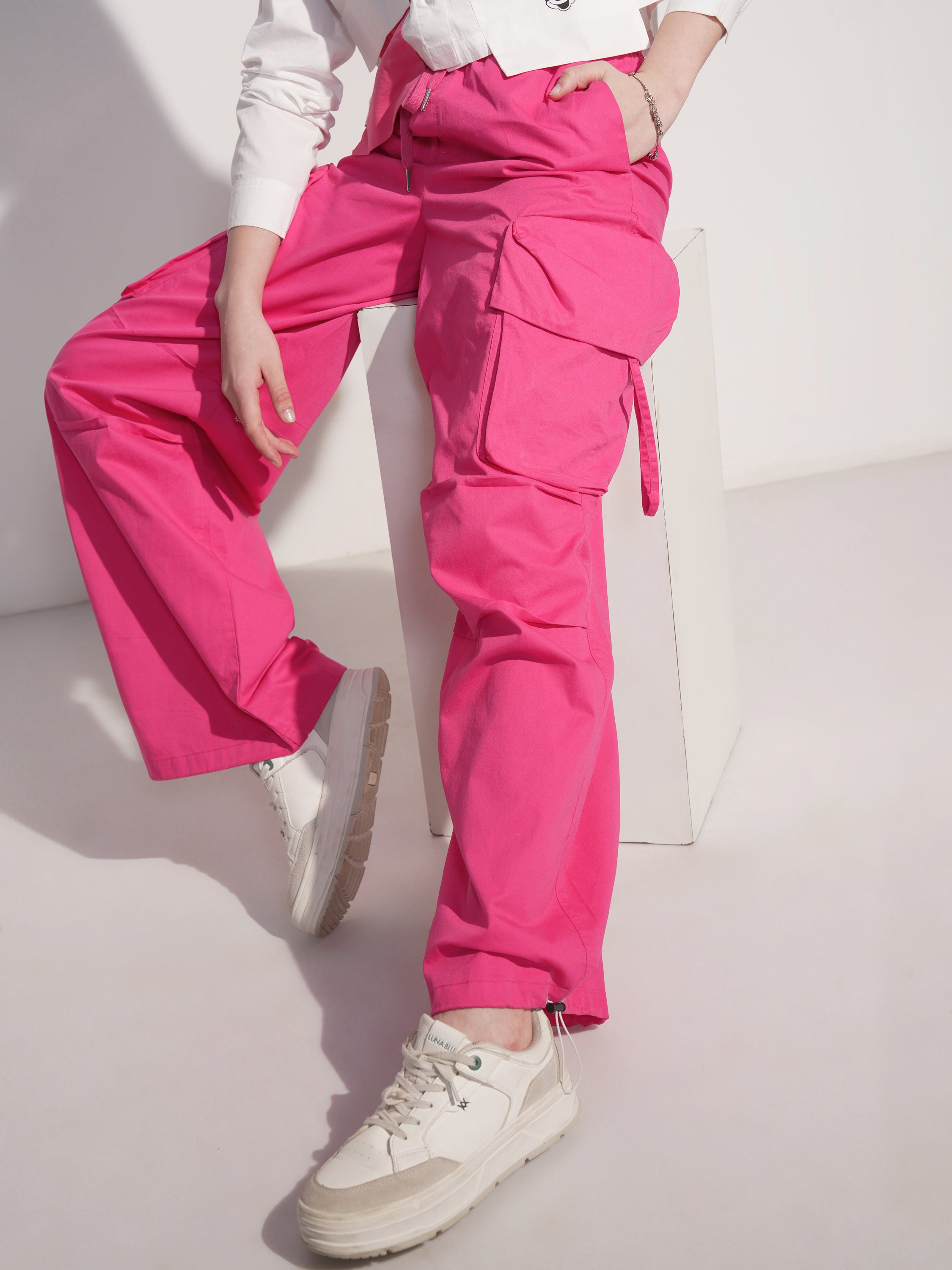 Tokyo Talkies Women Pink Solid Straight Fit Joggers - Pink - Image 1