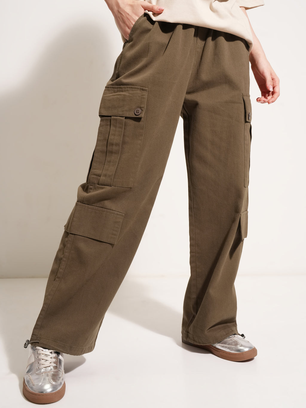 Tokyo Talkies Women Brown Solid Straight Fit Cargos - Brown - Image 1