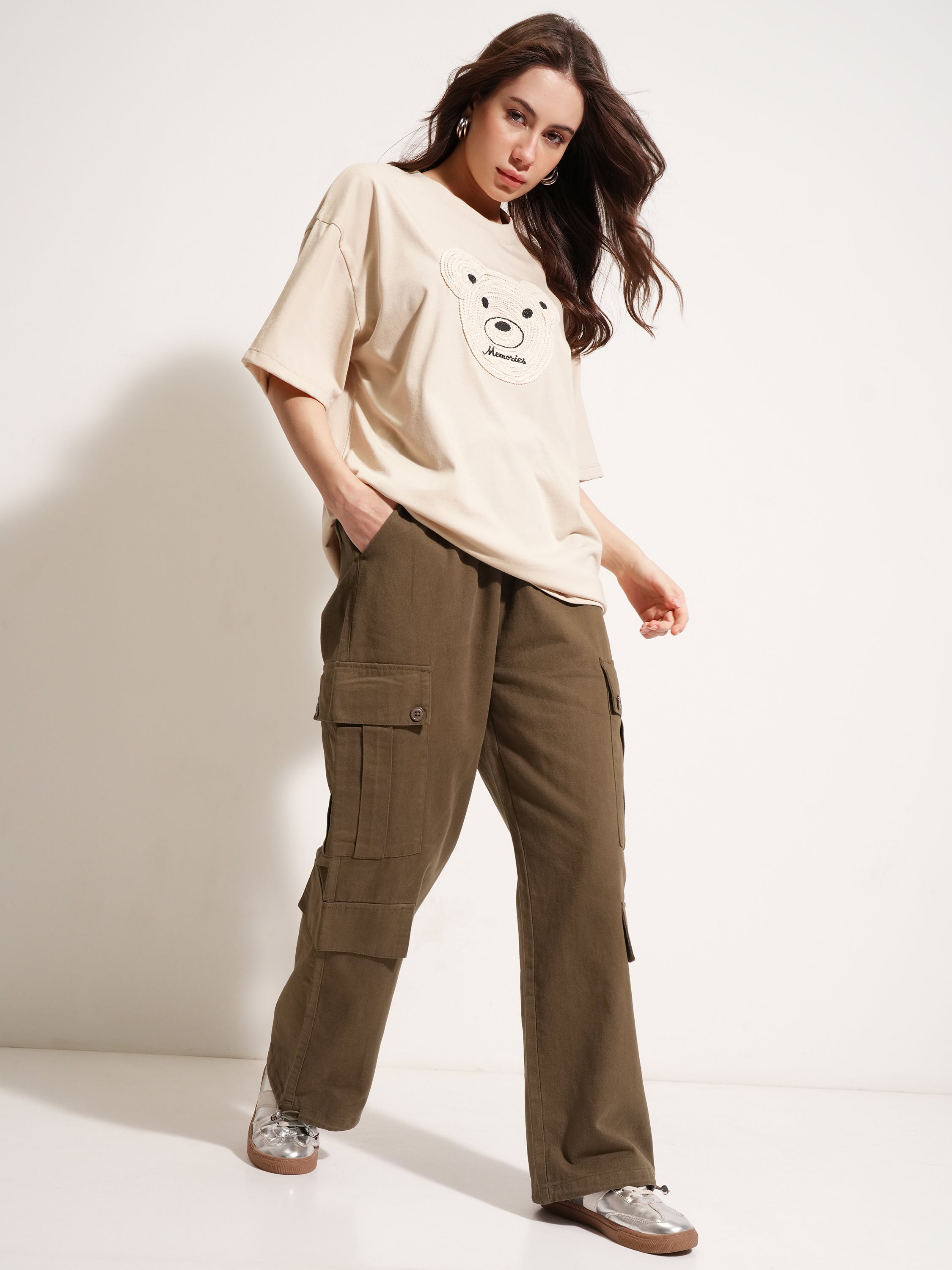 Tokyo Talkies Women Brown Solid Straight Fit Cargos - Brown - Image 2