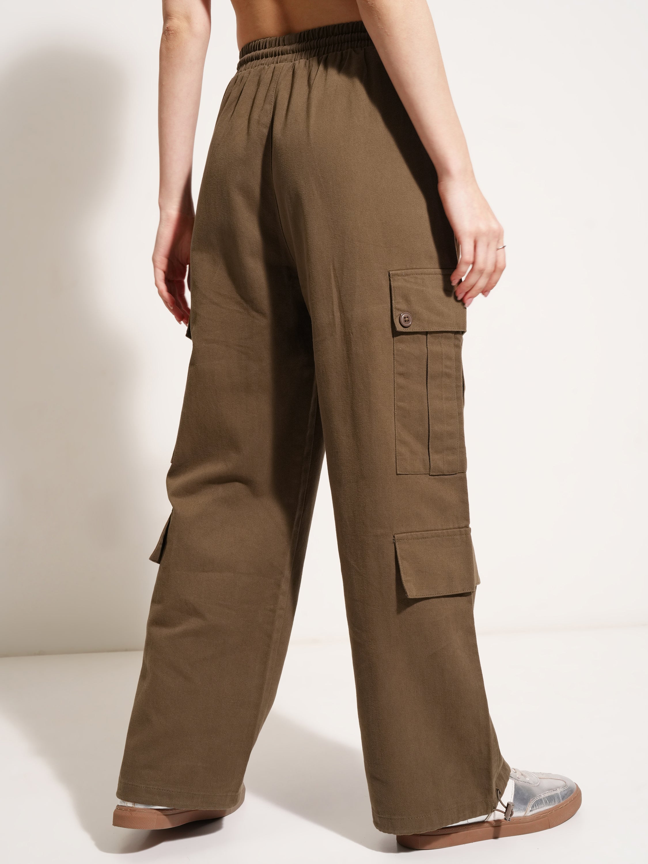 Tokyo Talkies Women Brown Solid Straight Fit Cargos - Brown - Image 3