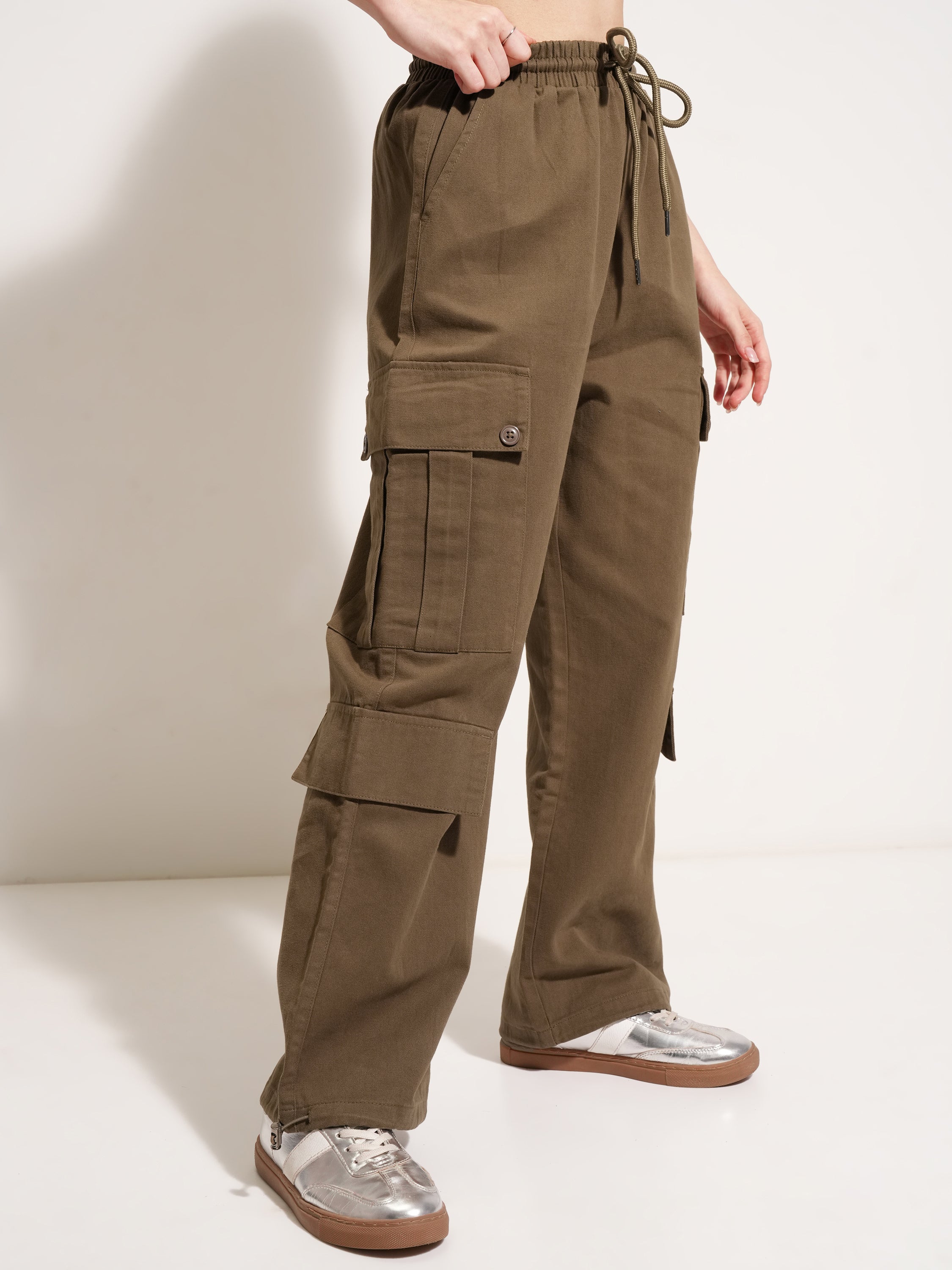 Tokyo Talkies Women Brown Solid Straight Fit Cargos - Brown - Image 6