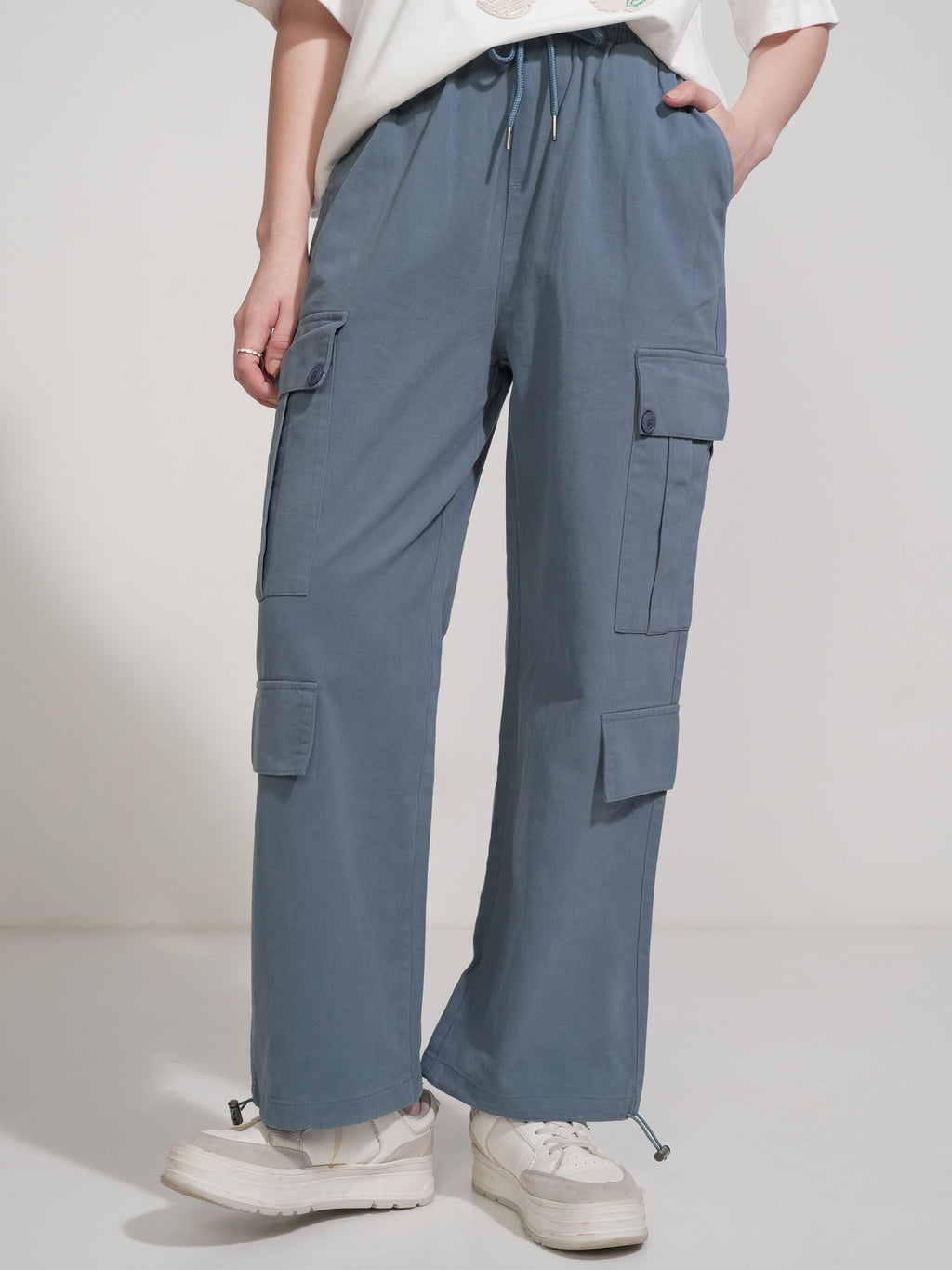 Tokyo Talkies Women Blue Solid Straight Fit Cargos - Blue - Image 1