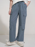Tokyo Talkies Women Blue Solid Straight Fit Cargos - Blue - Image 1
