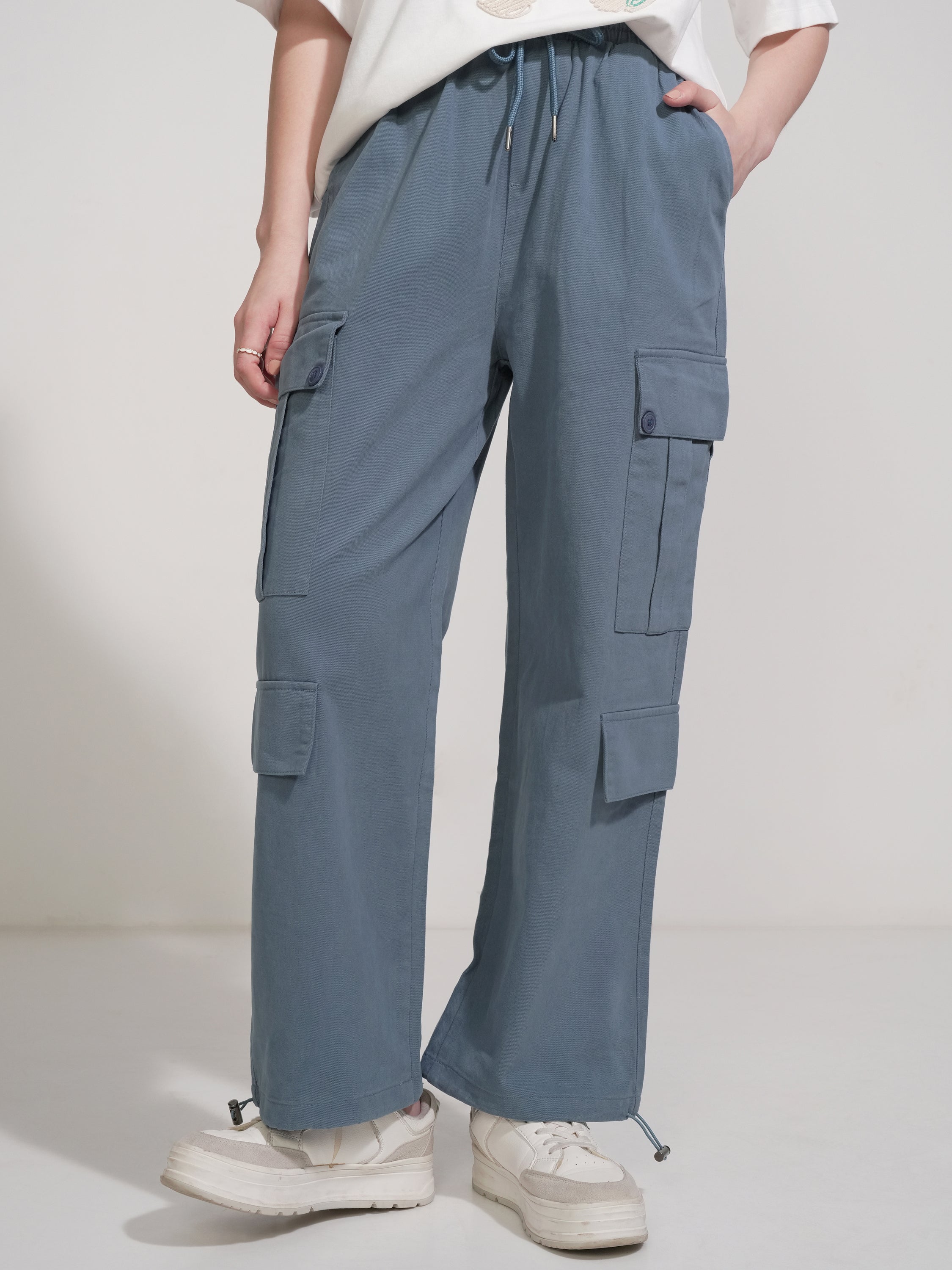 Tokyo Talkies Women Blue Solid Straight Fit Cargos - Blue - Image 1
