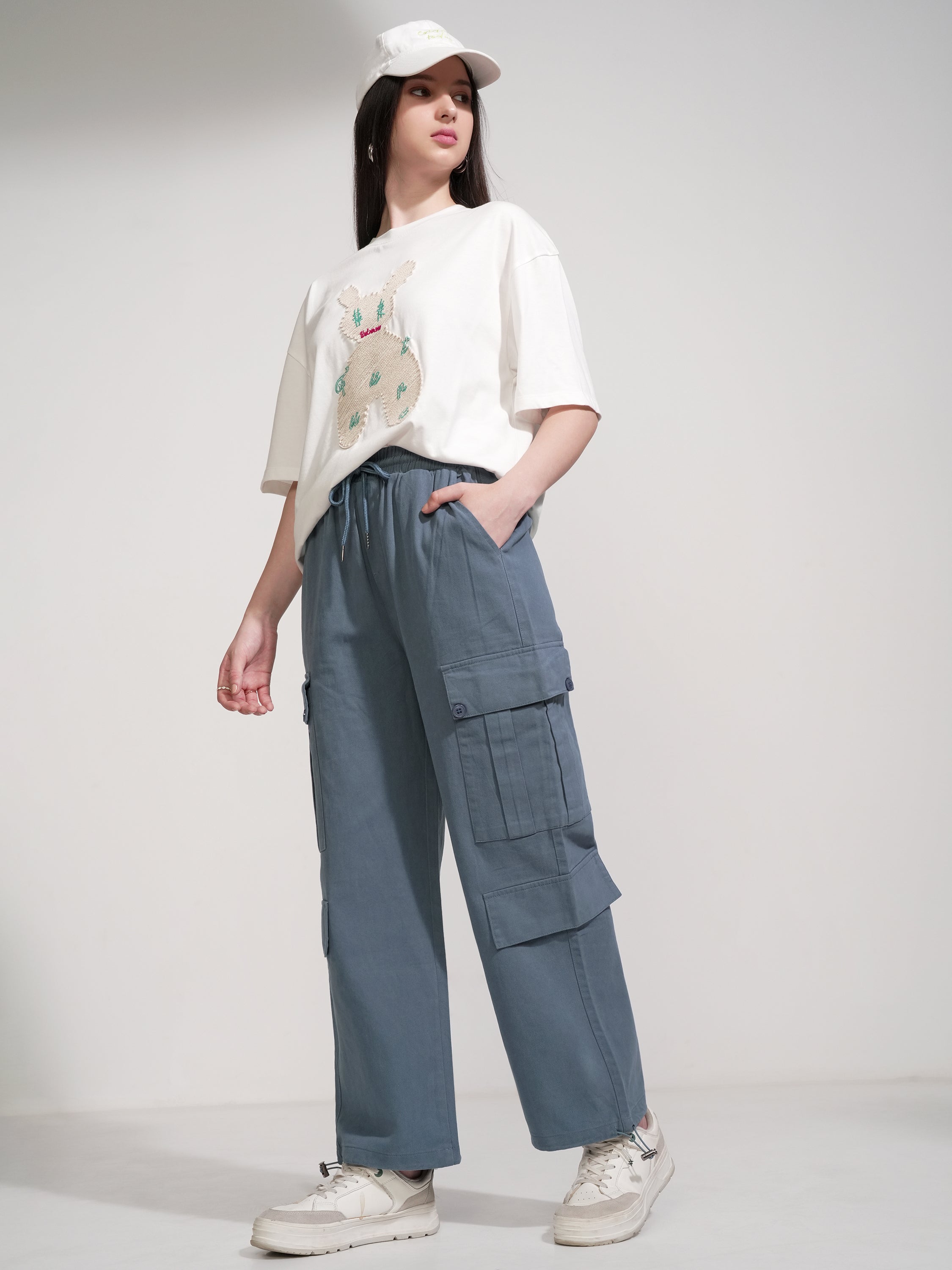 Tokyo Talkies Women Blue Solid Straight Fit Cargos - Blue - Image 2