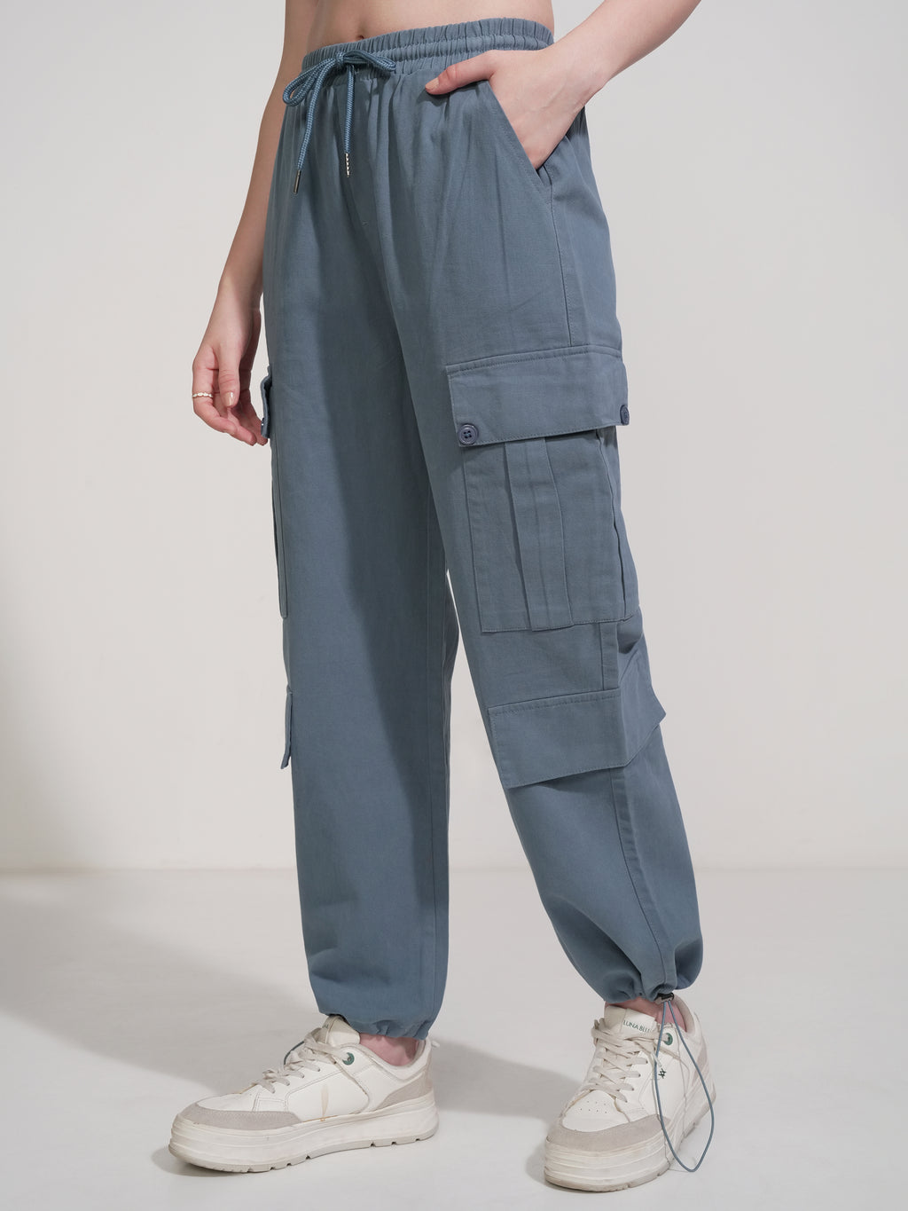 Tokyo Talkies Women Blue Solid Straight Fit Cargos - Blue - Image 4