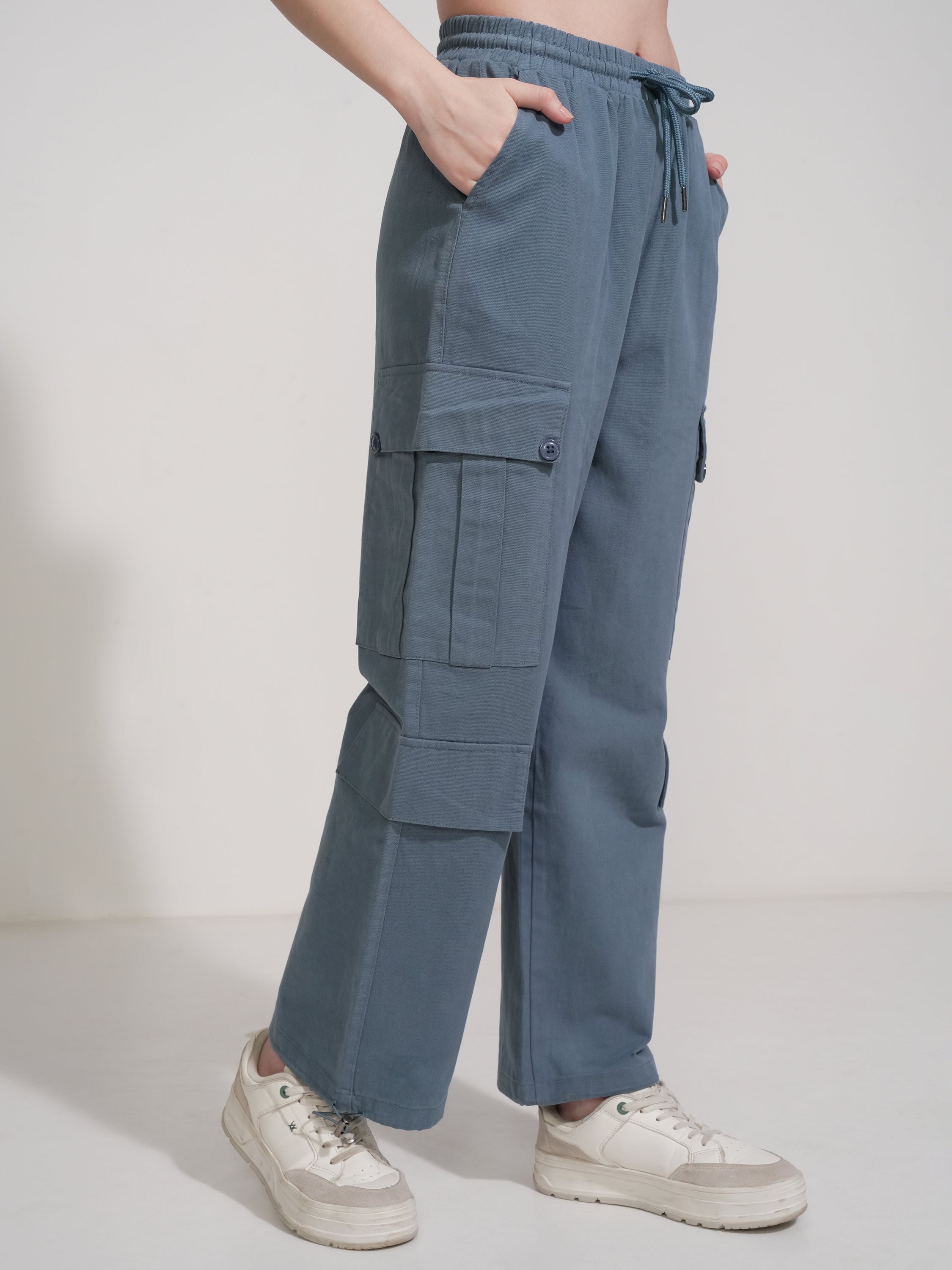 Tokyo Talkies Women Blue Solid Straight Fit Cargos - Blue - Image 6