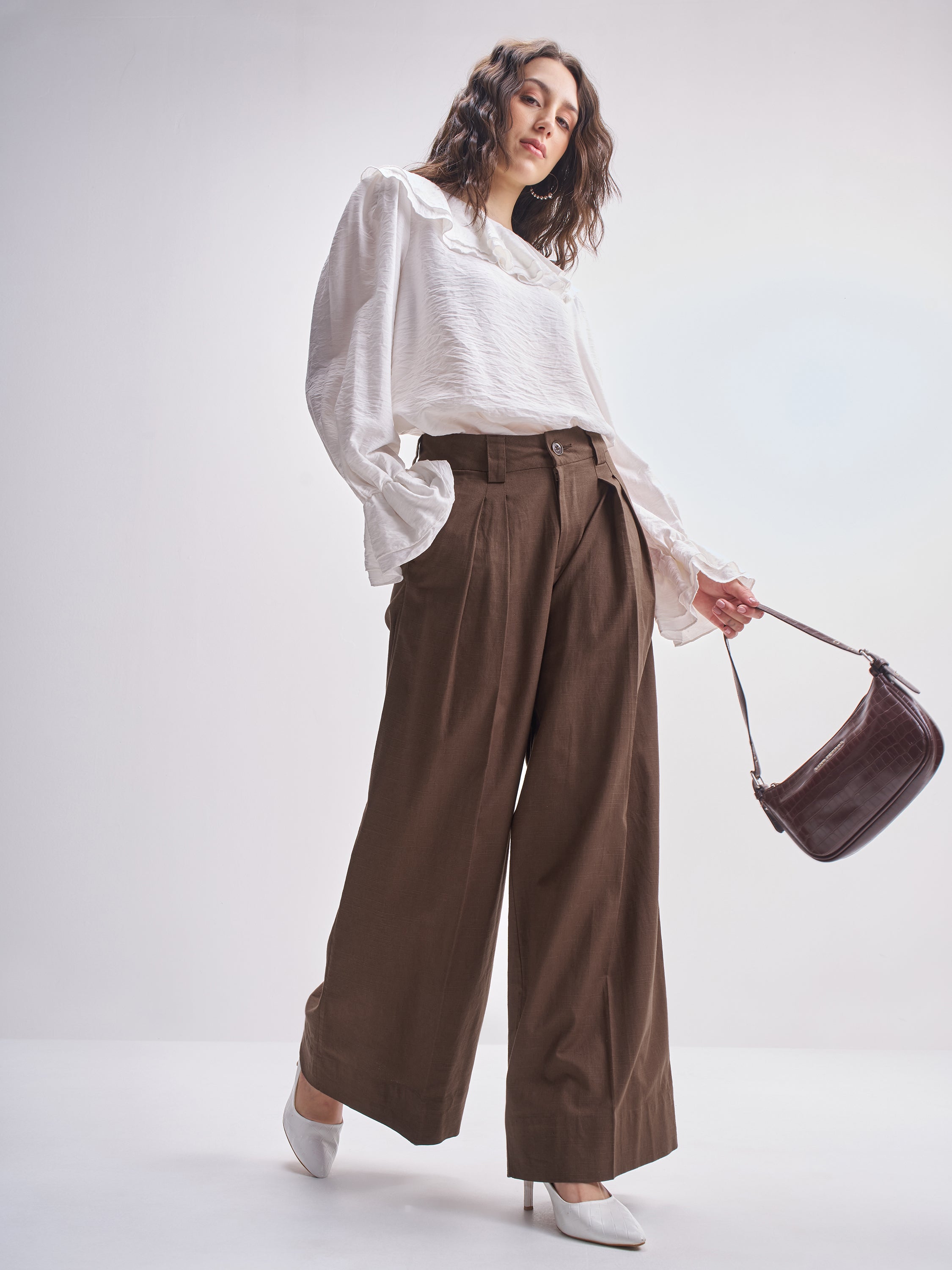 Tokyo Talkies Women Brown Solid Wide Leg Casual Trouser - Brown - Image 2