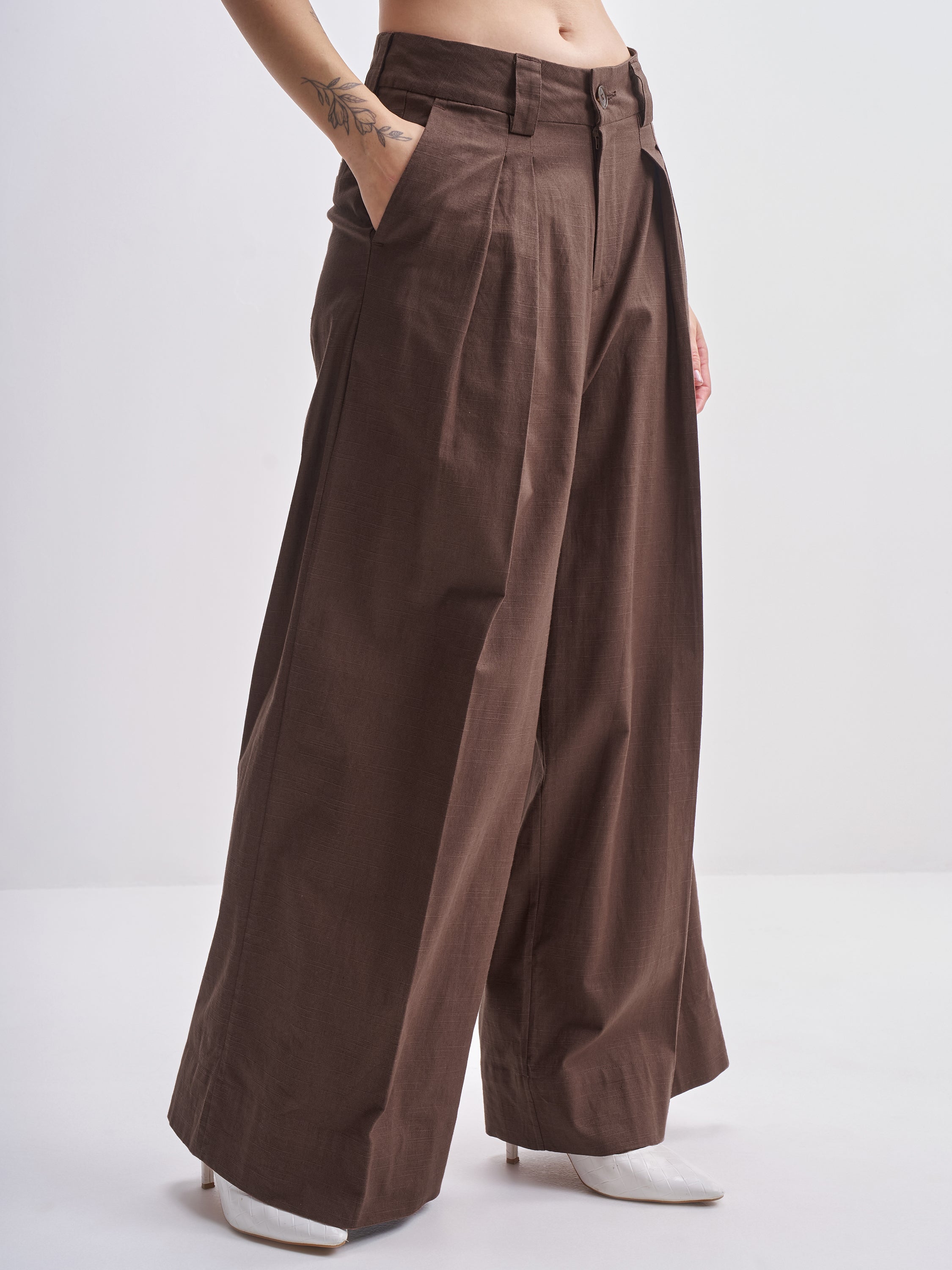 Tokyo Talkies Women Brown Solid Wide Leg Casual Trouser - Brown - Image 6