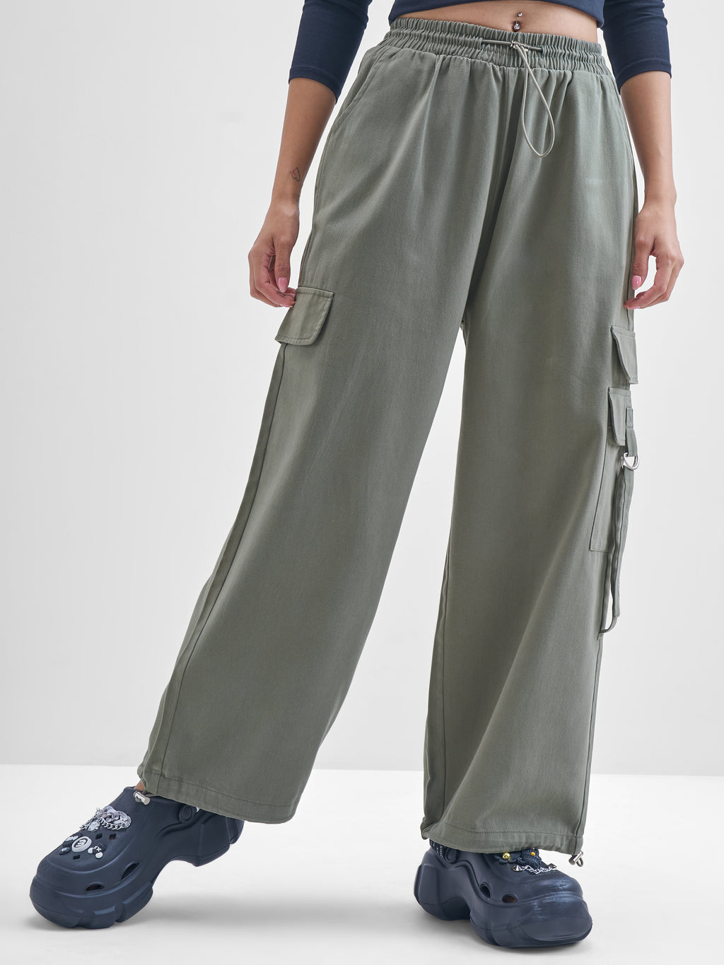 Tokyo Talkies Women Olive Solid Straight Fit Cargos - Olive - Image 1