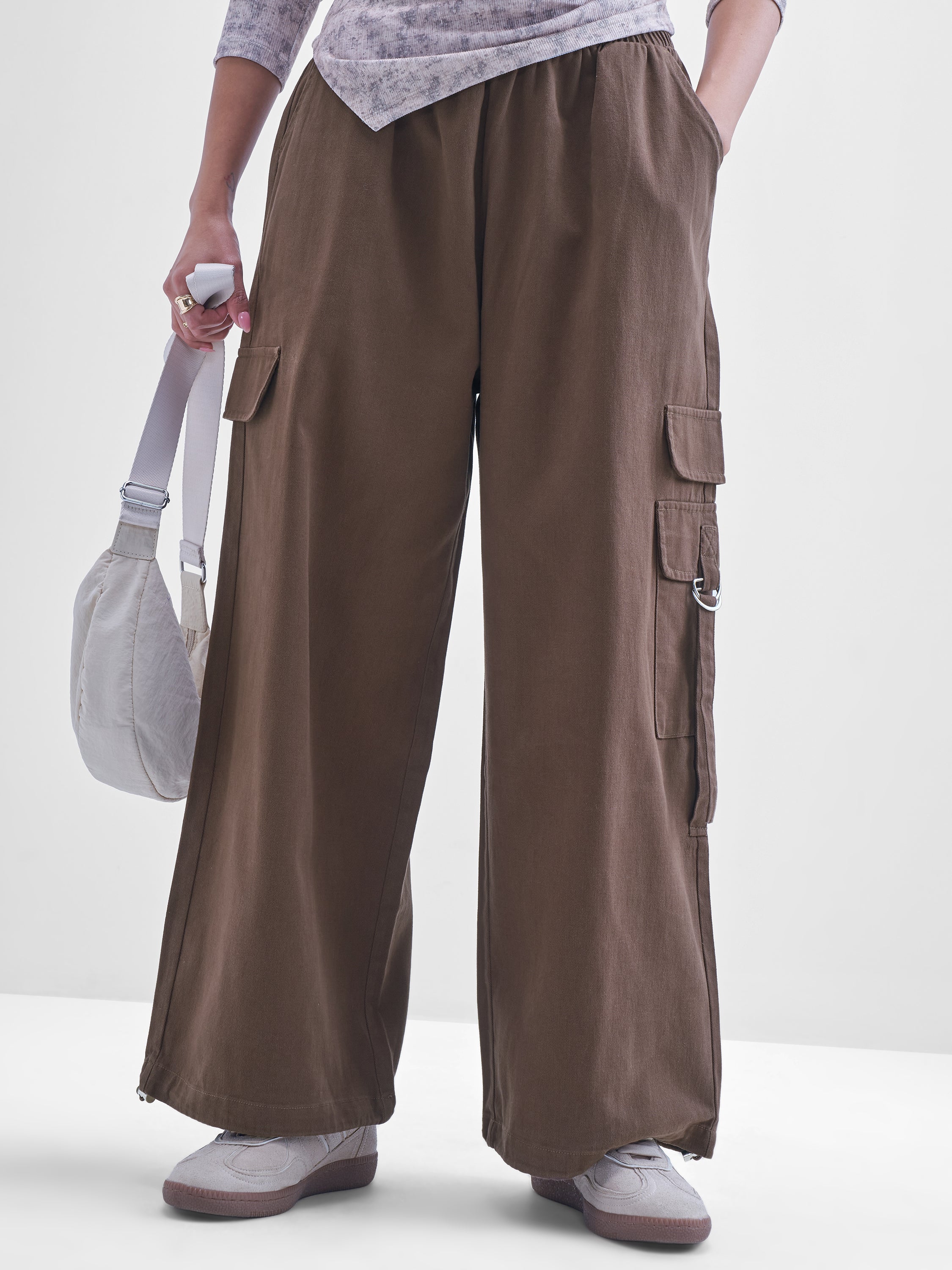Tokyo Talkies Women Brown Solid Straight Fit Cargos - Brown - Image 1