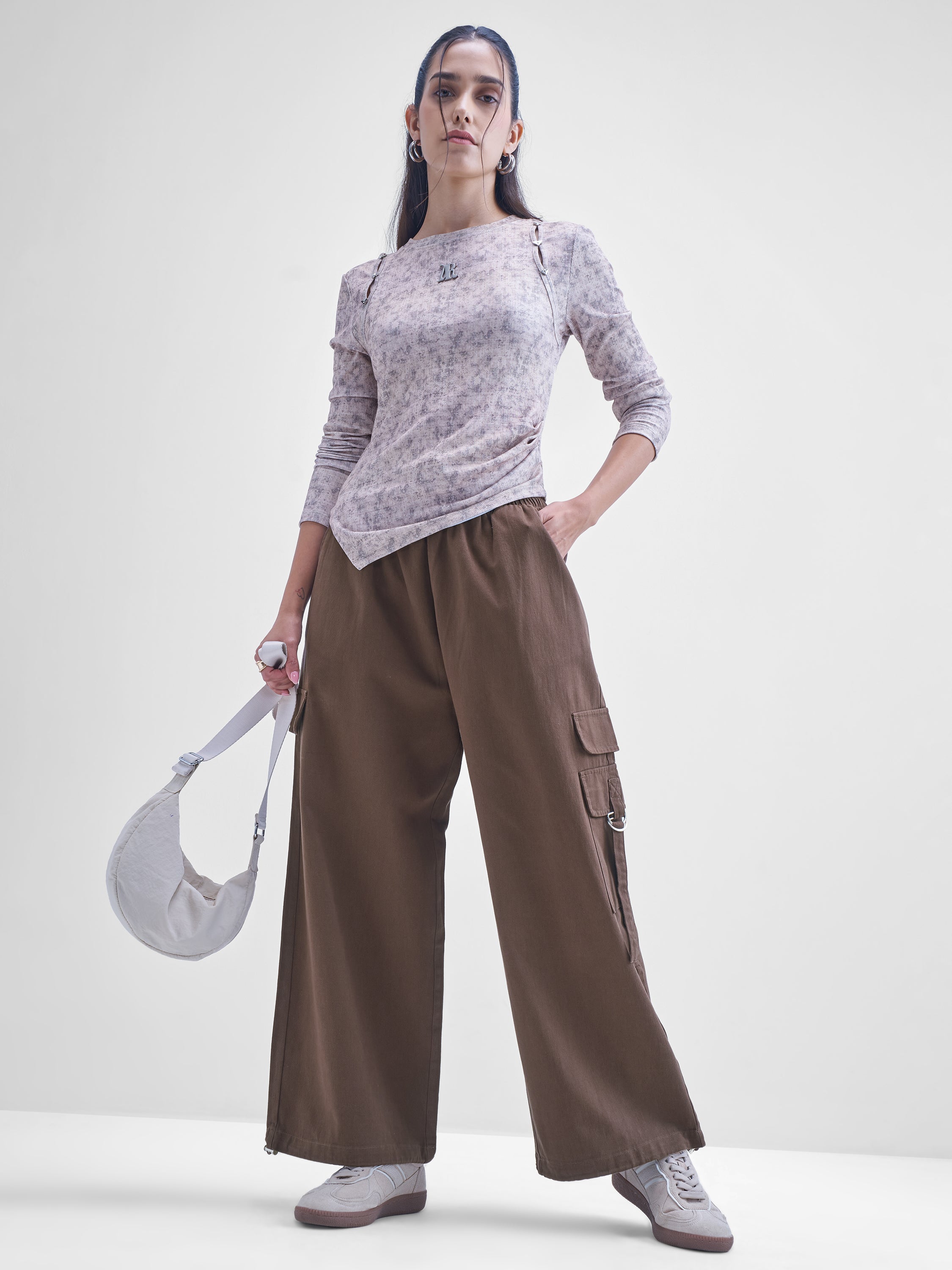 Tokyo Talkies Women Brown Solid Straight Fit Cargos - Brown - Image 2
