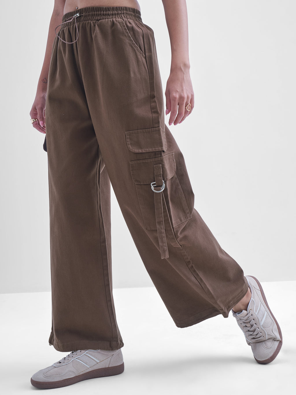 Tokyo Talkies Women Brown Solid Straight Fit Cargos - Brown - Image 4