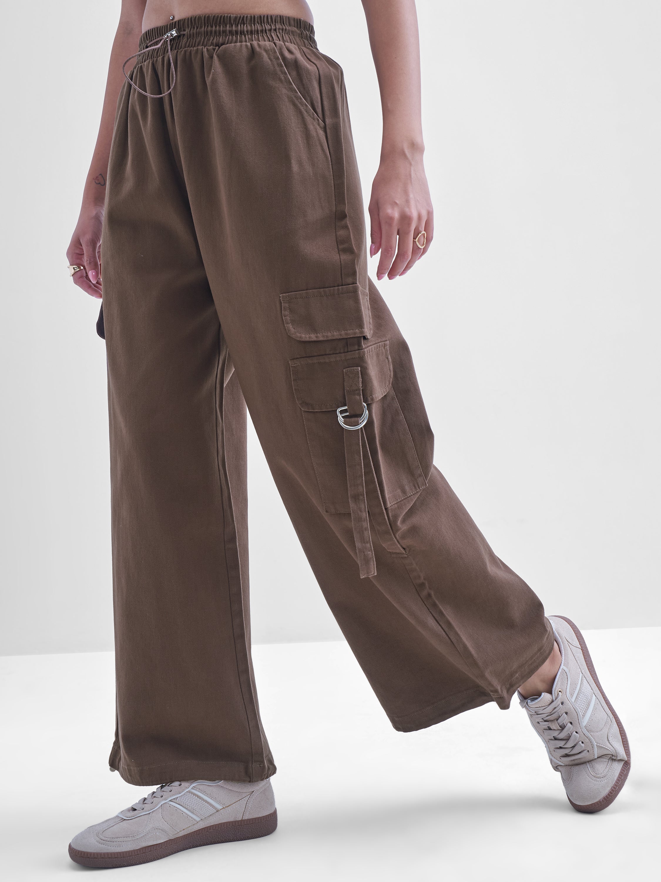 Tokyo Talkies Women Brown Solid Straight Fit Cargos - Brown - Image 4