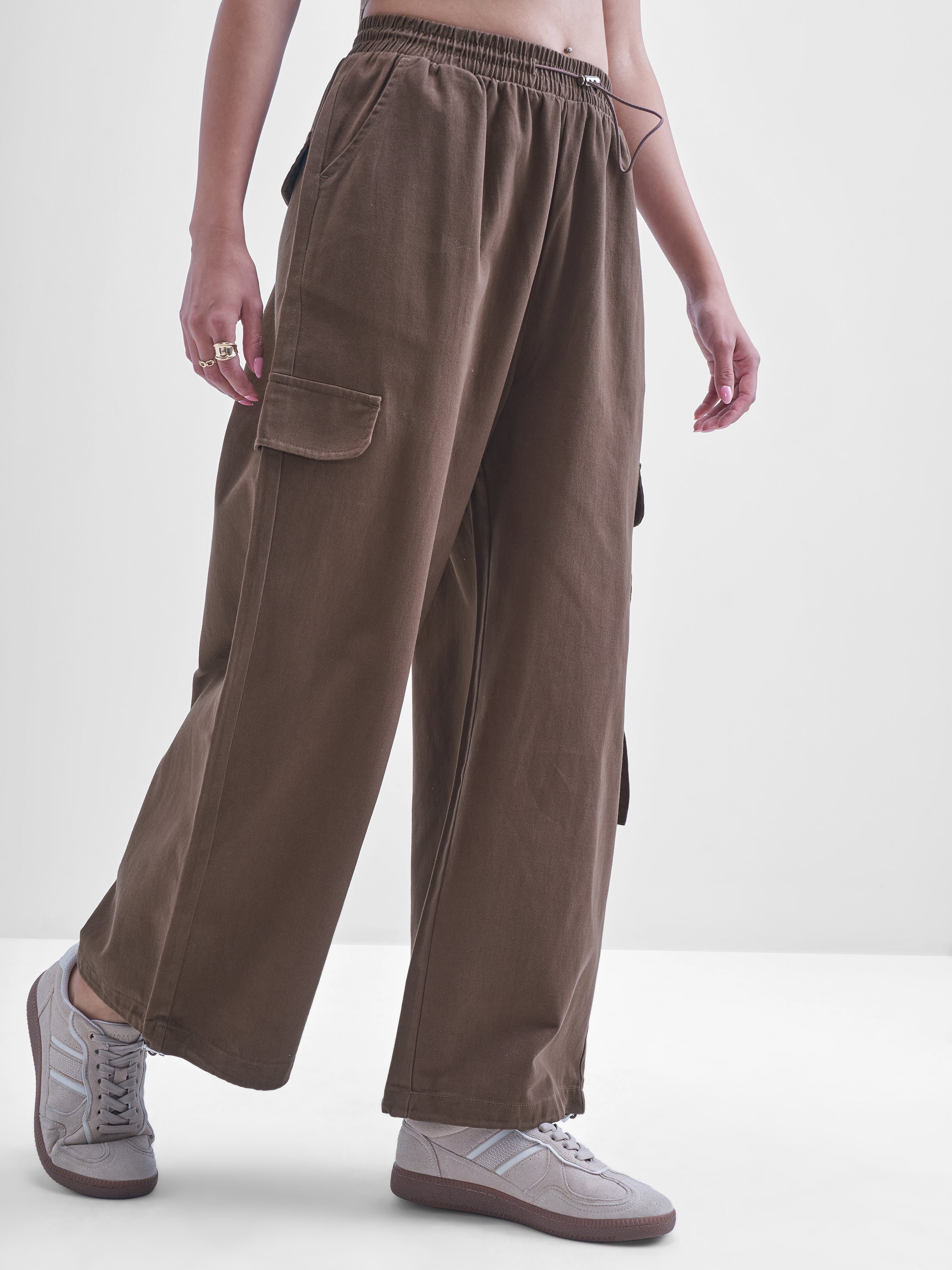 Tokyo Talkies Women Brown Solid Straight Fit Cargos - Brown - Image 6