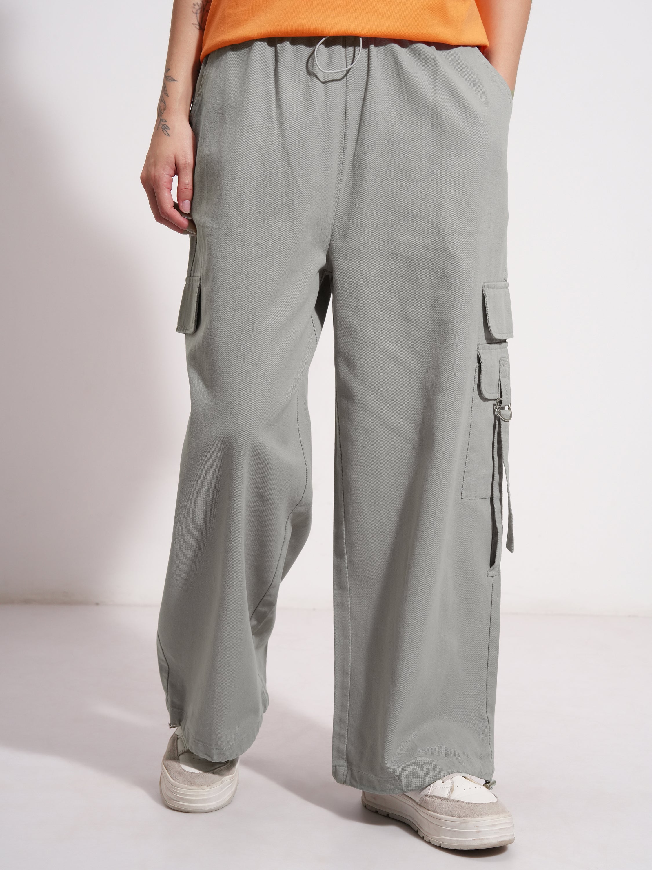 Tokyo Talkies Women Grey Solid Straight Fit Cargos - Grey - Image 1