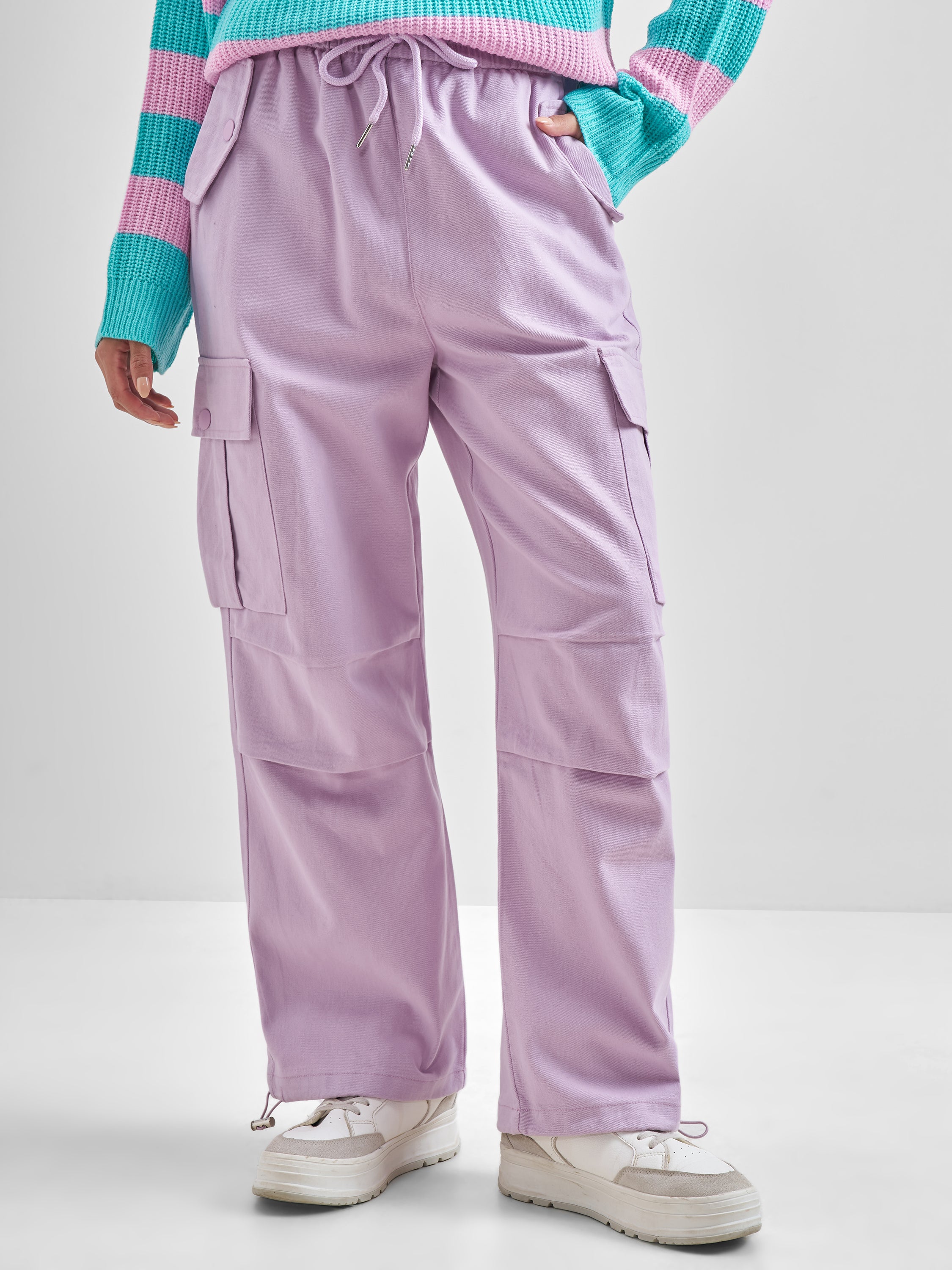 Street By Tokyo Talkies Women Purple Solid Straight Fit Cargos - Purple - Image 1