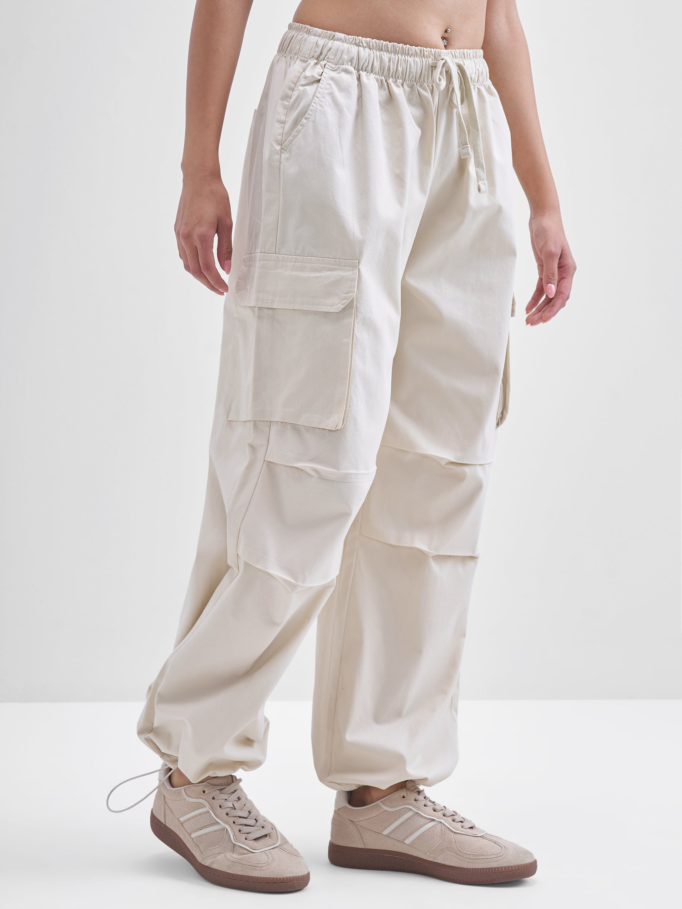 Tokyo Talkies Women Off White Solid Straight Fit Cargos - Off White - Image 6