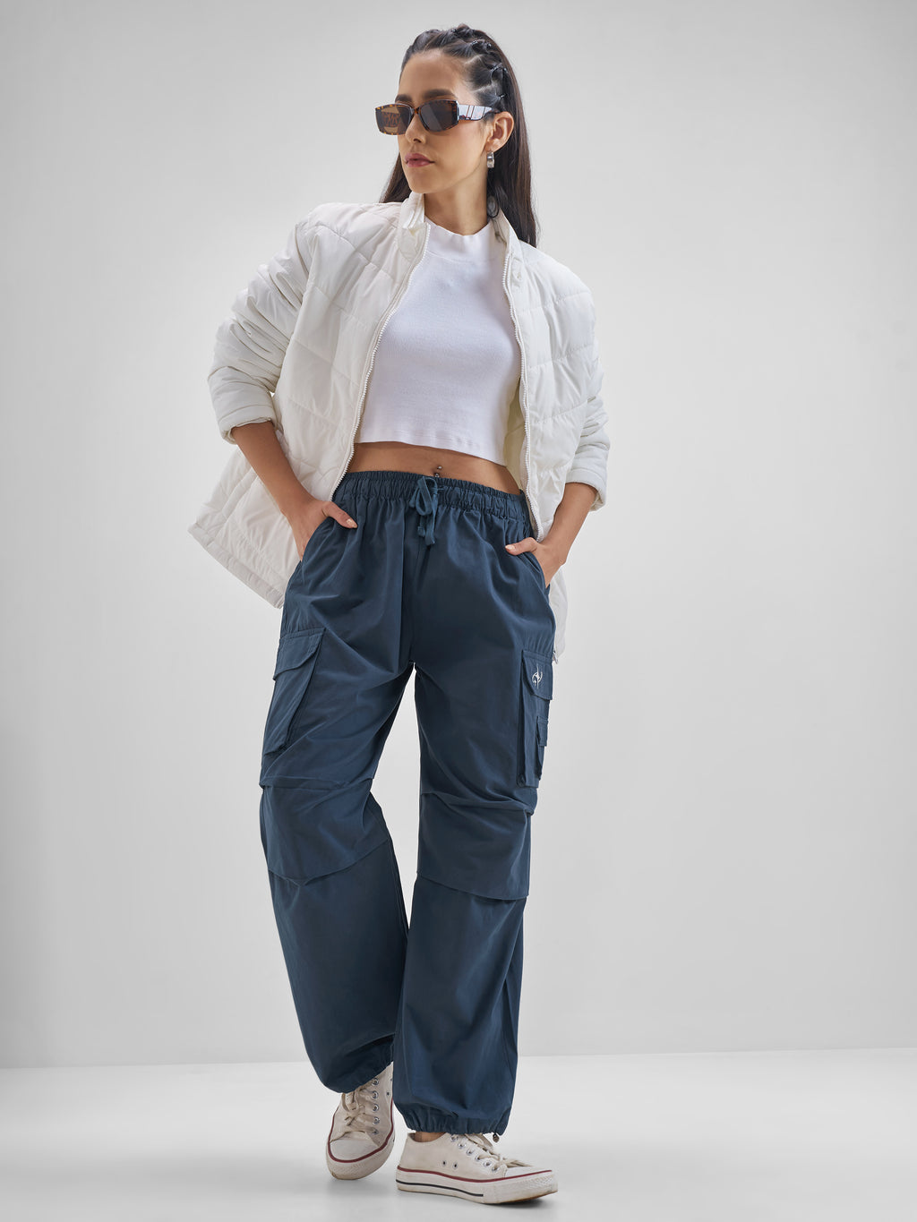 Street By Tokyo Talkies Women Blue Solid Straight Fit Cargos - Blue - Image 2