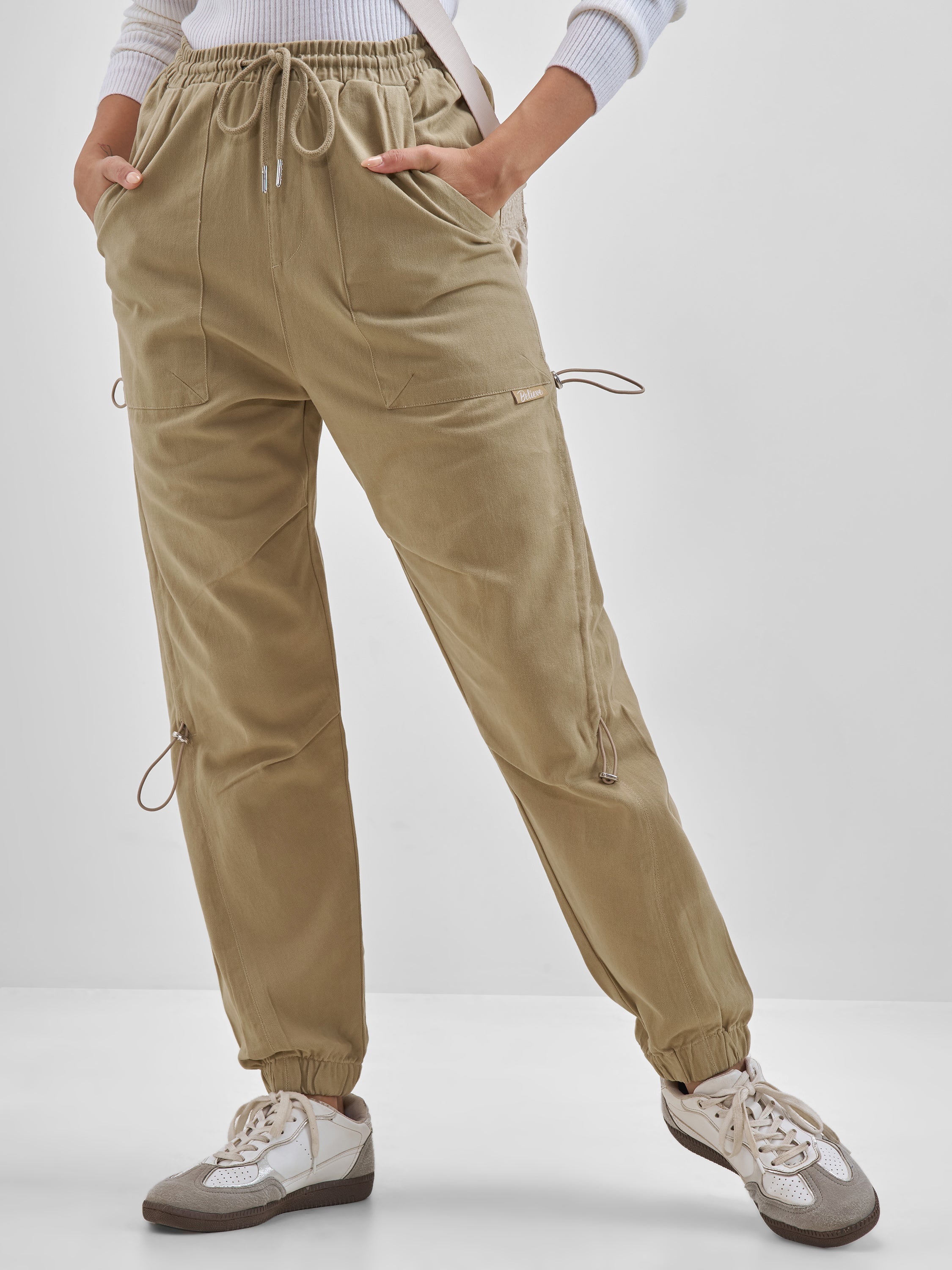 Street By Tokyo Talkies Women Beige Solid Regular Fit Cargos - Beige - Image 1