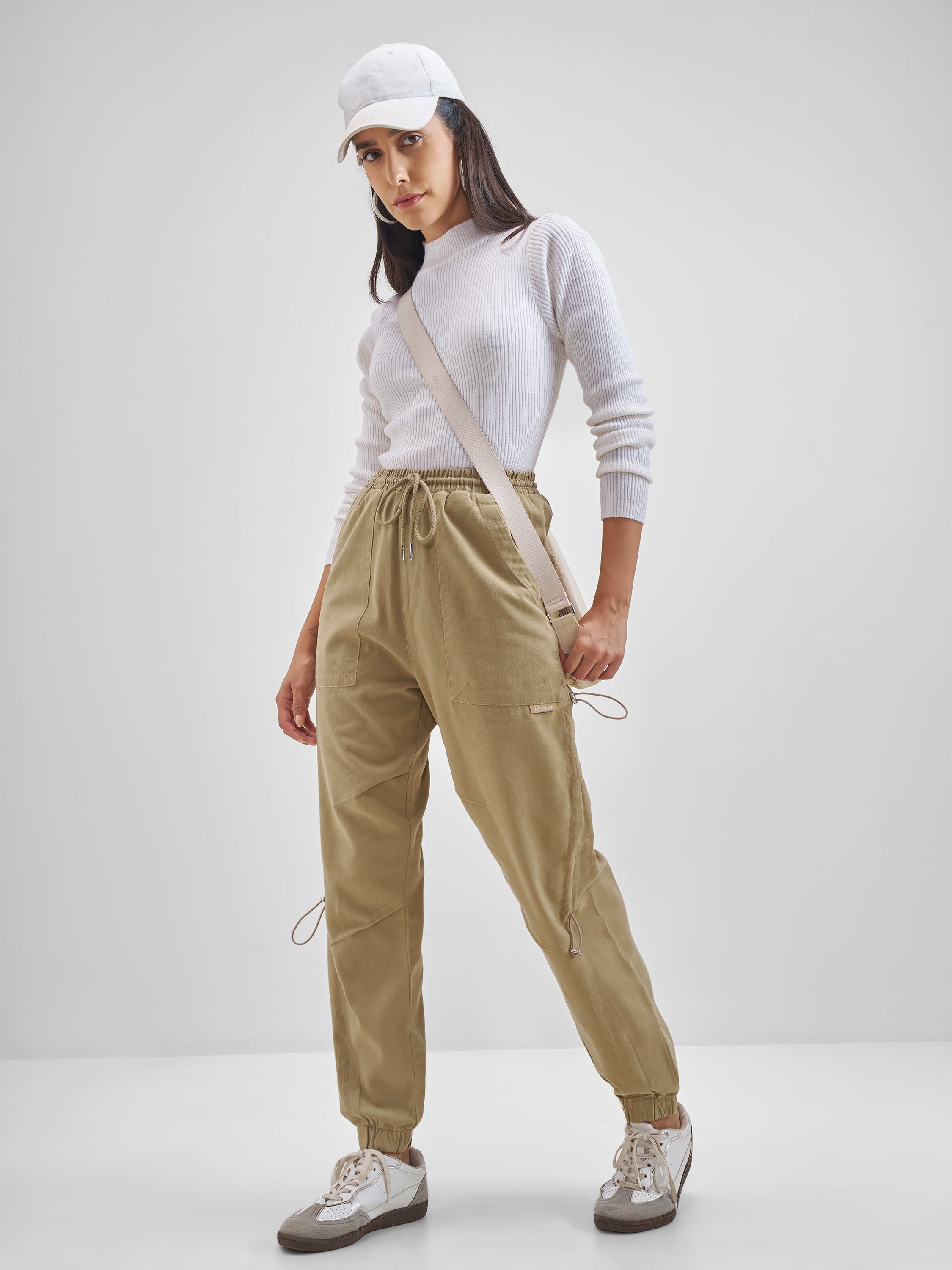 Street By Tokyo Talkies Women Beige Solid Regular Fit Cargos - Beige - Image 2