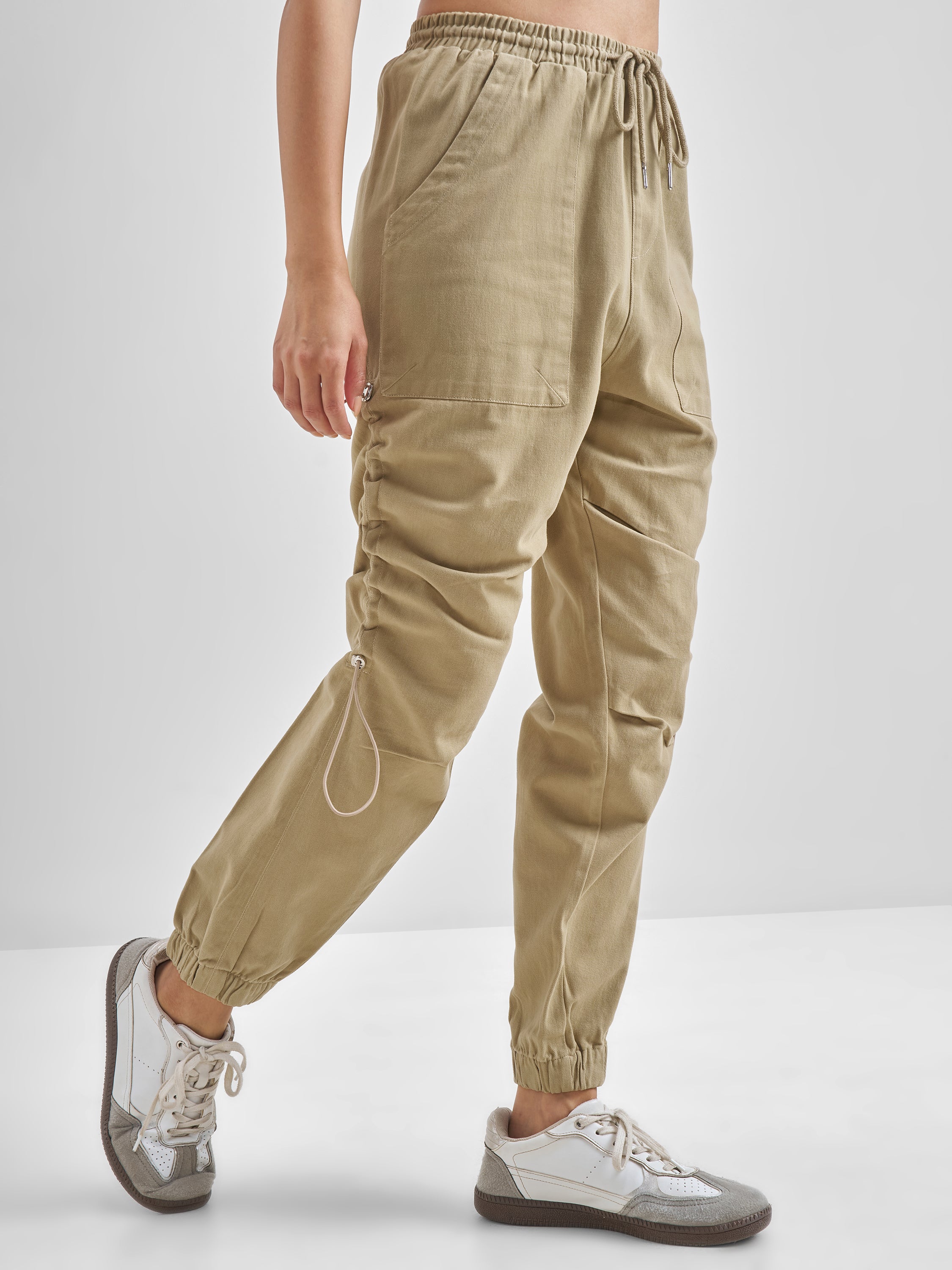 Street By Tokyo Talkies Women Beige Solid Regular Fit Cargos - Beige - Image 6