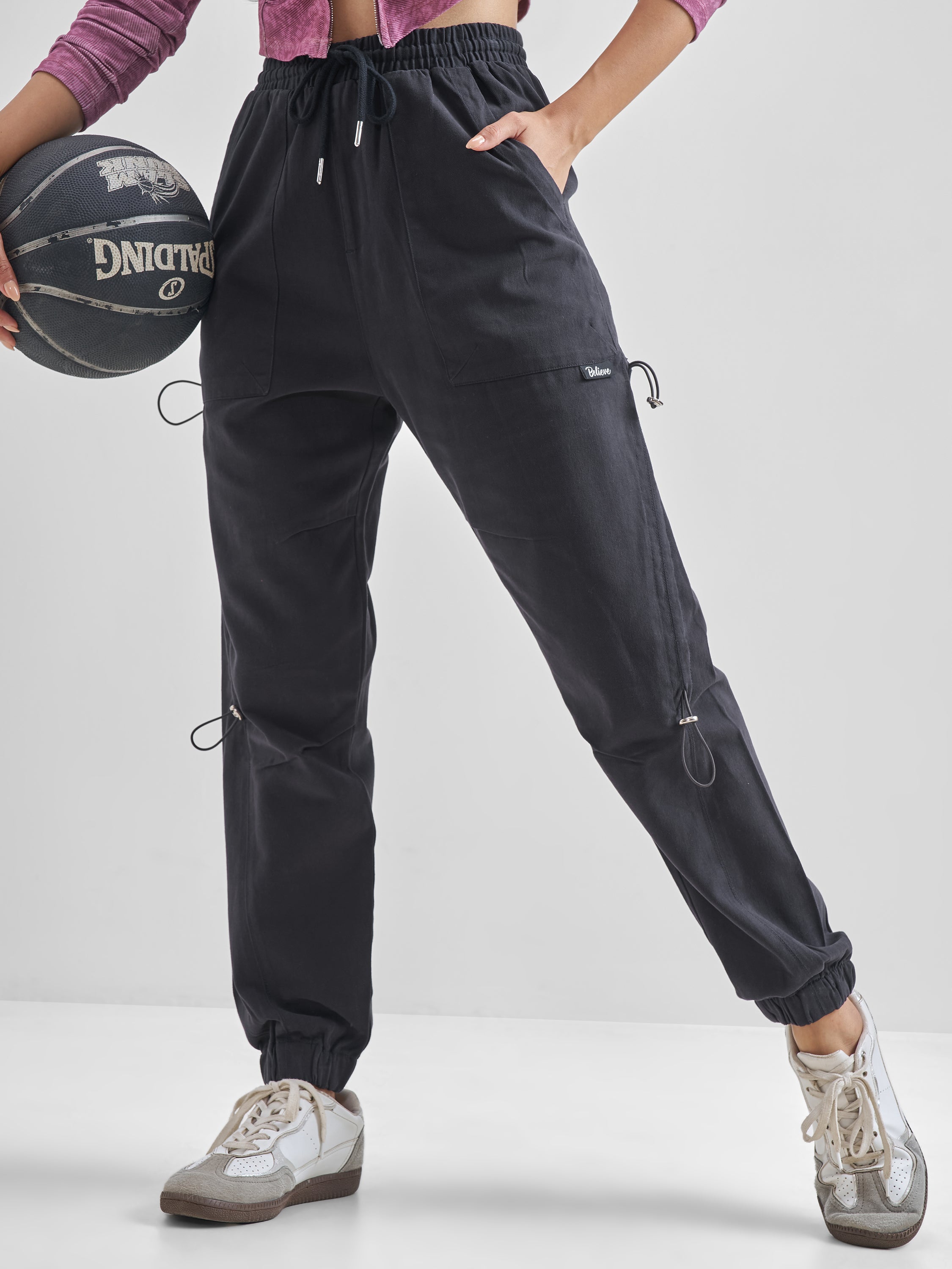 Street By Tokyo Talkies Women Black Solid Regular Fit Cargos - Black - Image 1