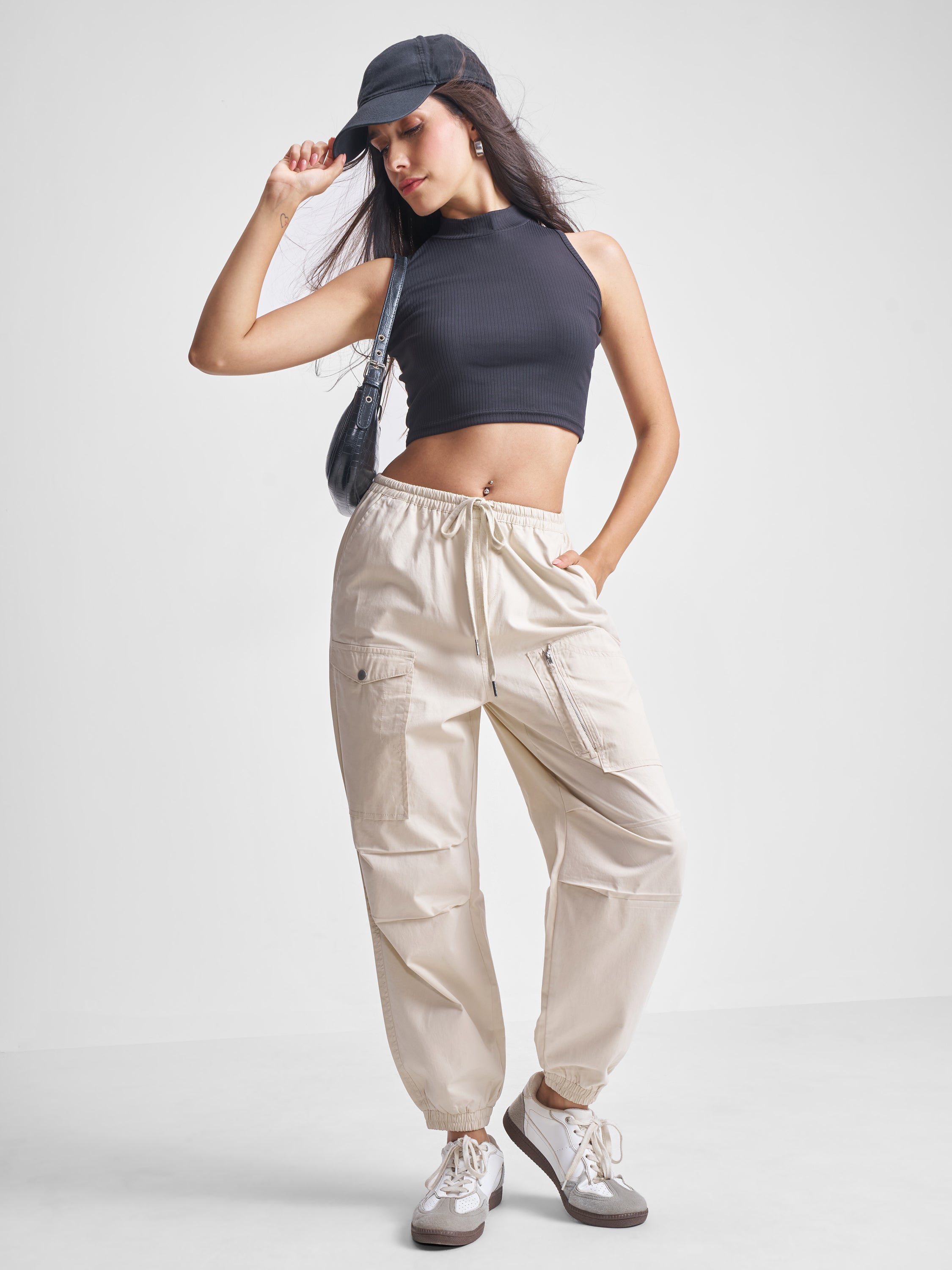 Tokyo Talkies Women Off White Solid Regular Fit Cargos - Off White - Image 2