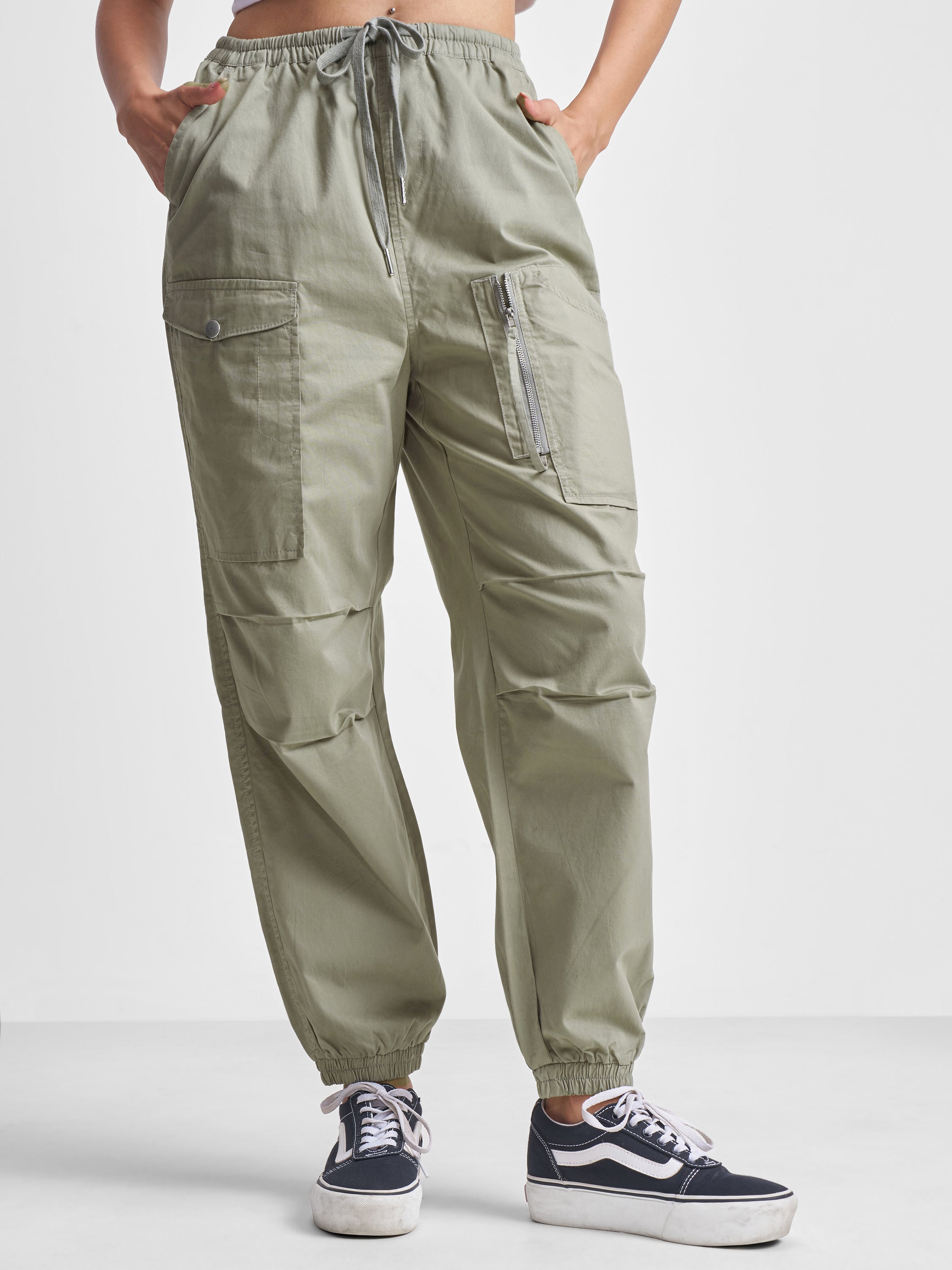 Tokyo Talkies Women Olive Solid Regular Fit Cargos - Olive - Image 1