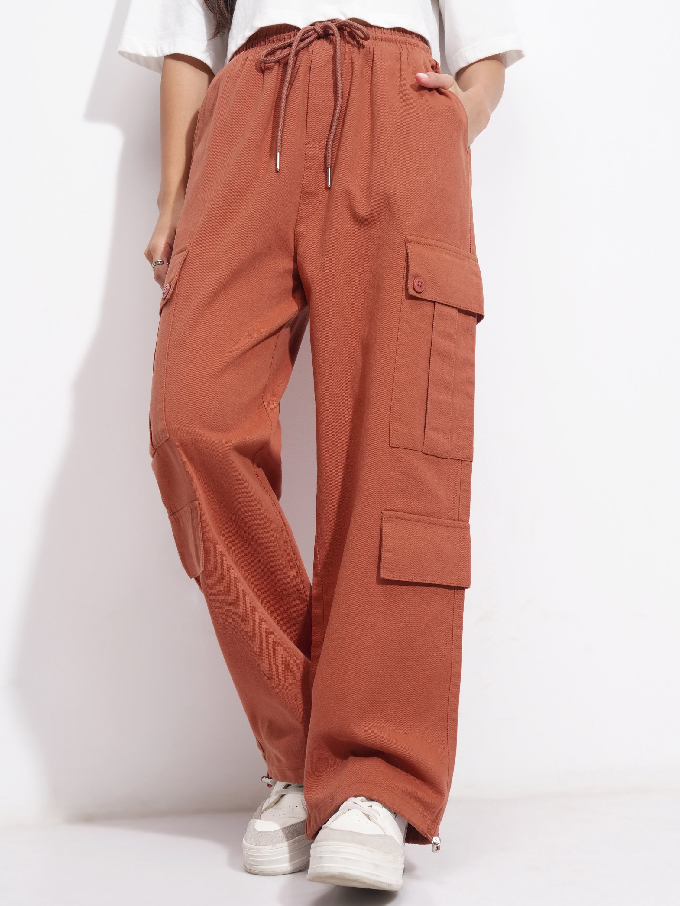Tokyo Talkies Women Rust Solid Straight Fit Cargos - Rust - Image 1