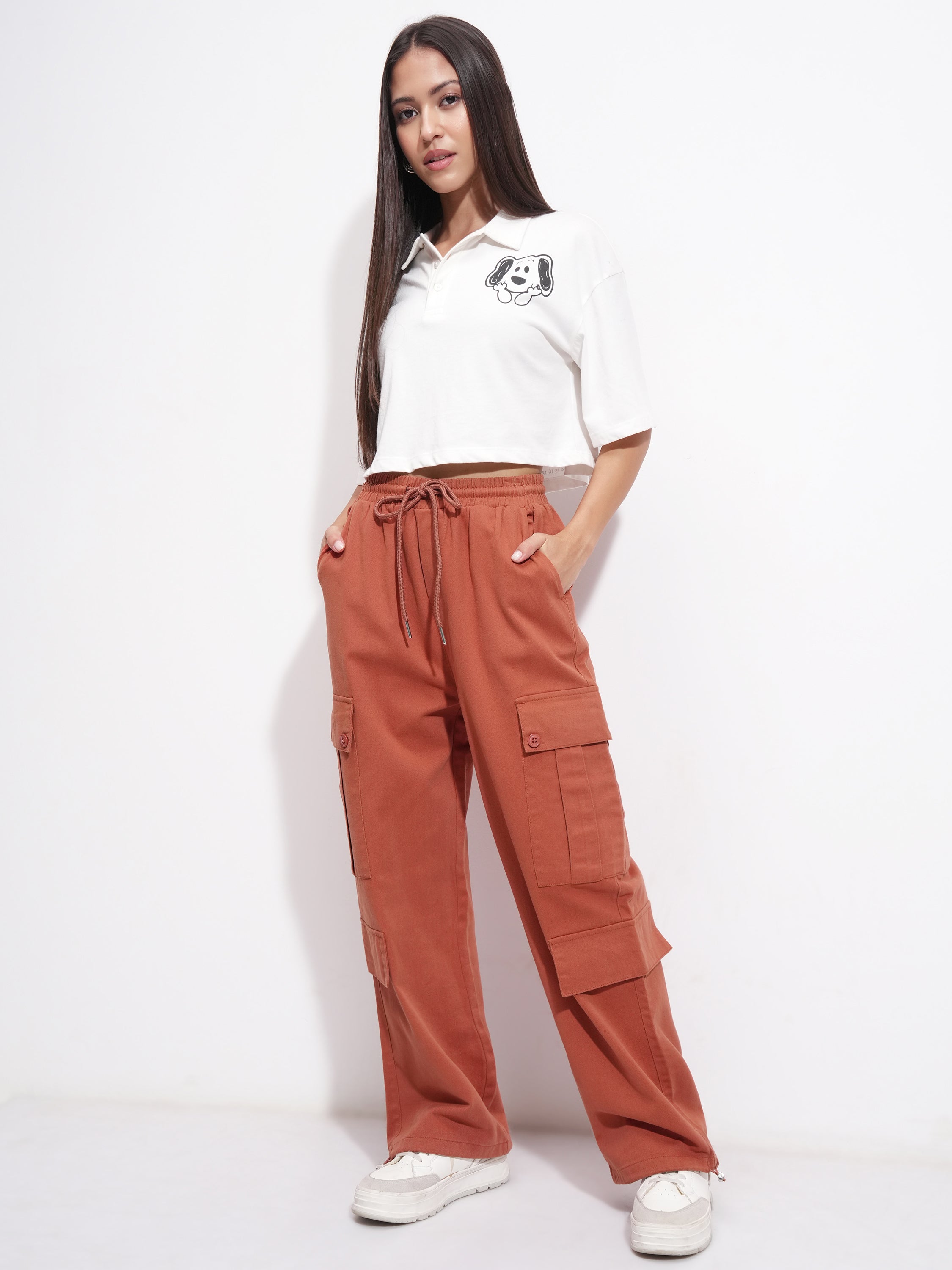 Tokyo Talkies Women Rust Solid Straight Fit Cargos - Rust - Image 2