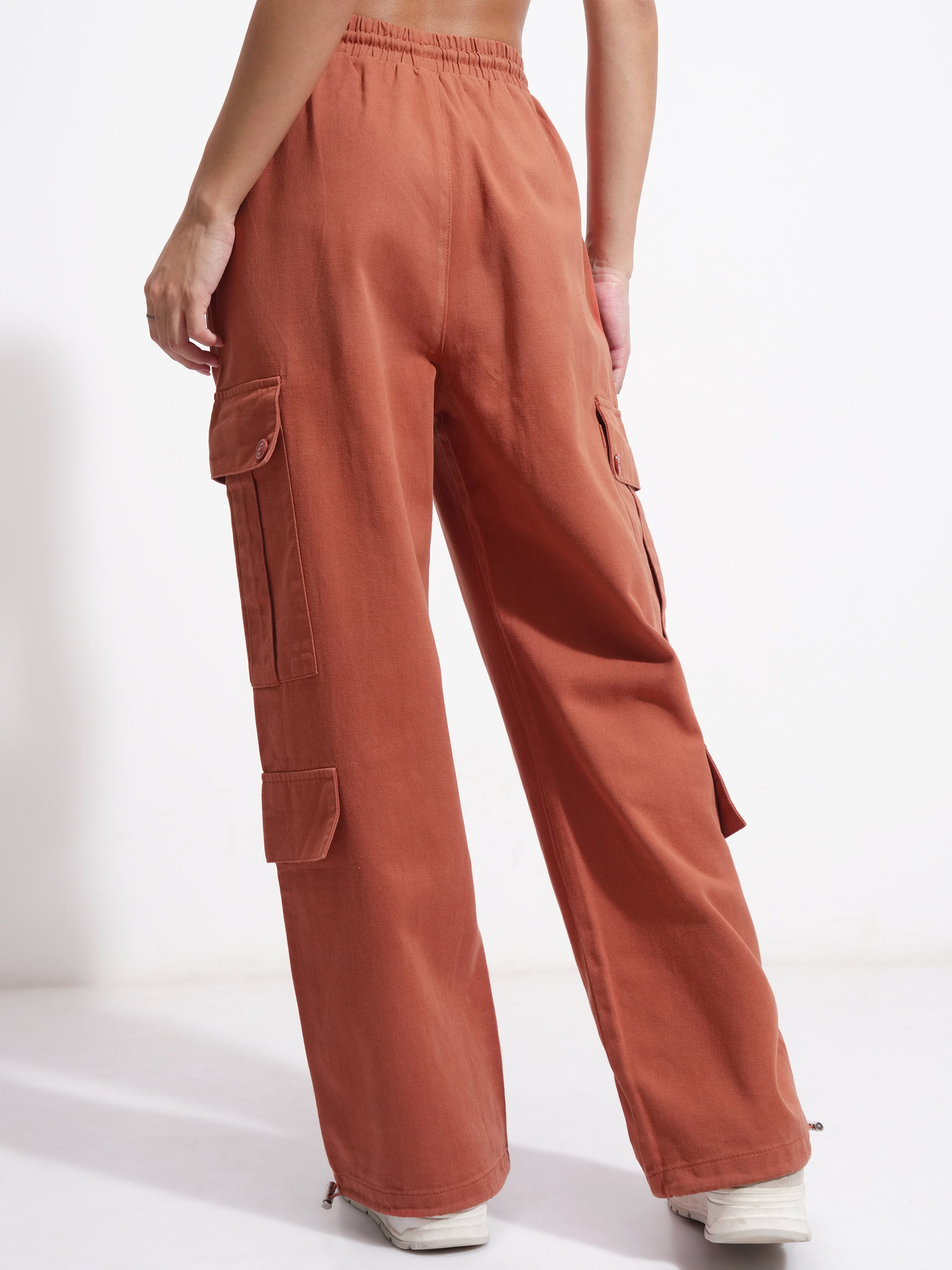 Tokyo Talkies Women Rust Solid Straight Fit Cargos - Rust - Image 3