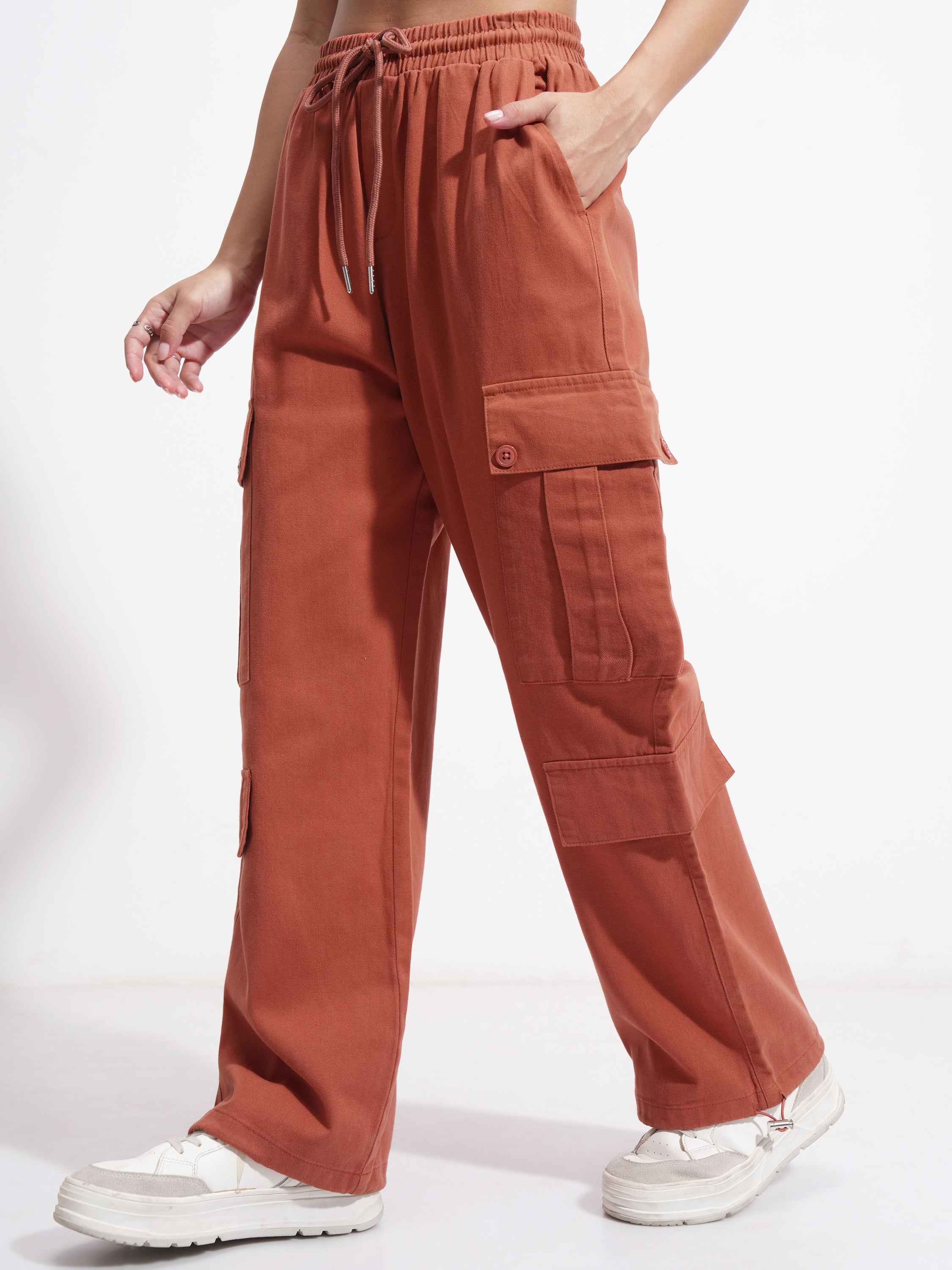 Tokyo Talkies Women Rust Solid Straight Fit Cargos - Rust - Image 4