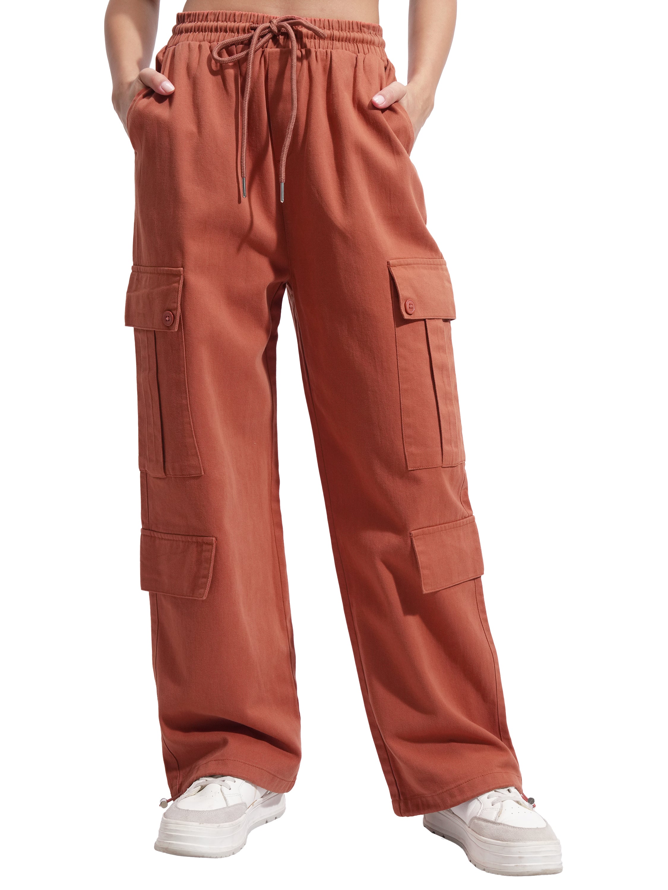 Tokyo Talkies Women Rust Solid Straight Fit Cargos - Rust - Image 7